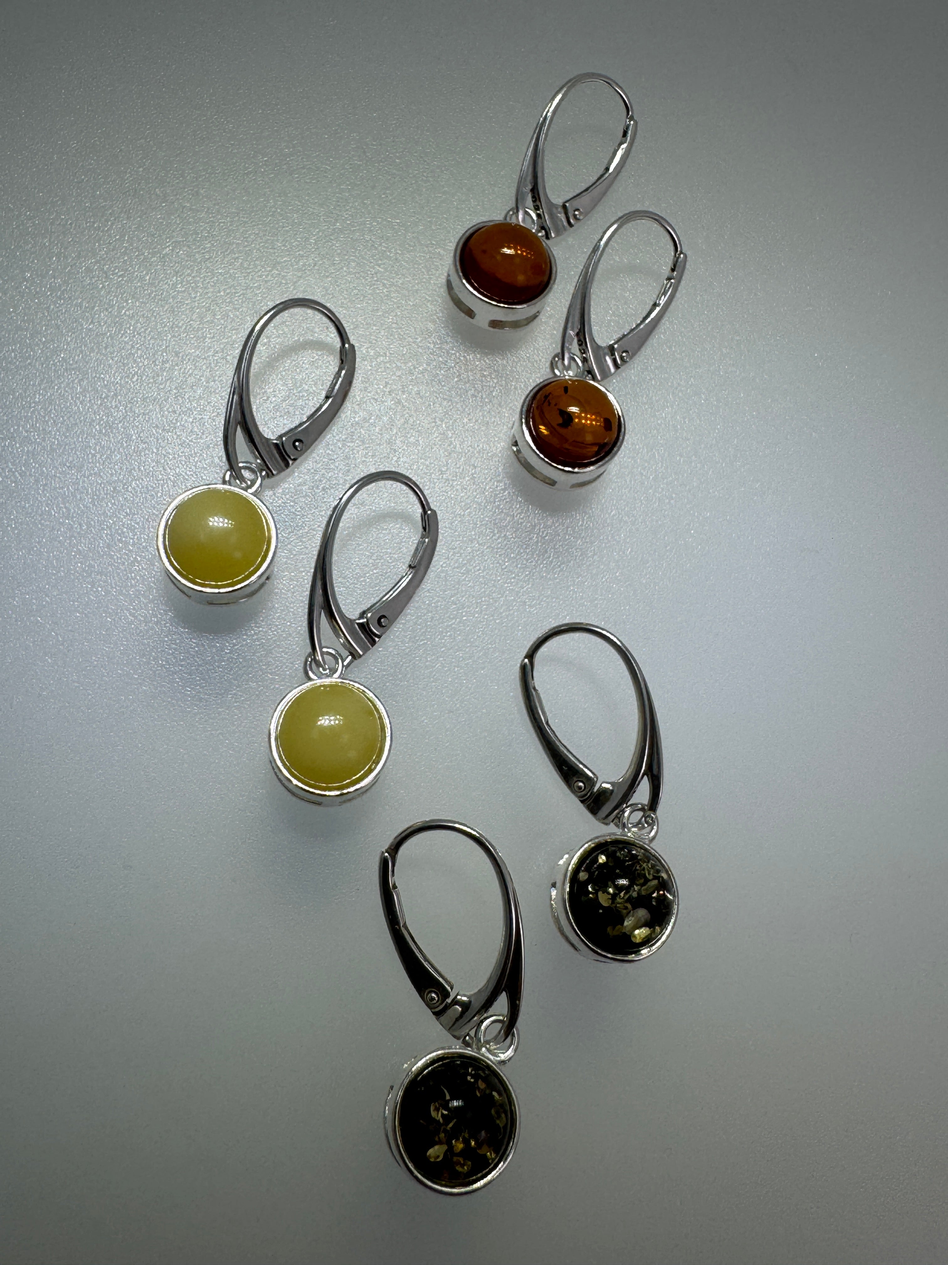 Modern Sterling Silver Dangle Lever Back Earrings with Round Baltic Amber – Available in Honey, Green or Butterscotch Amber
