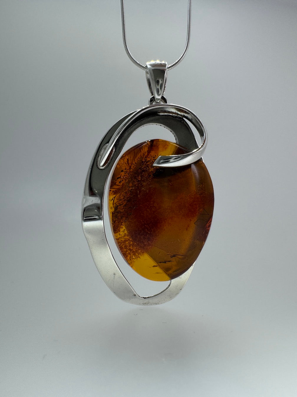 Modern Sterling Silver Honey Baltic Amber Pendant – Handmade in Poland