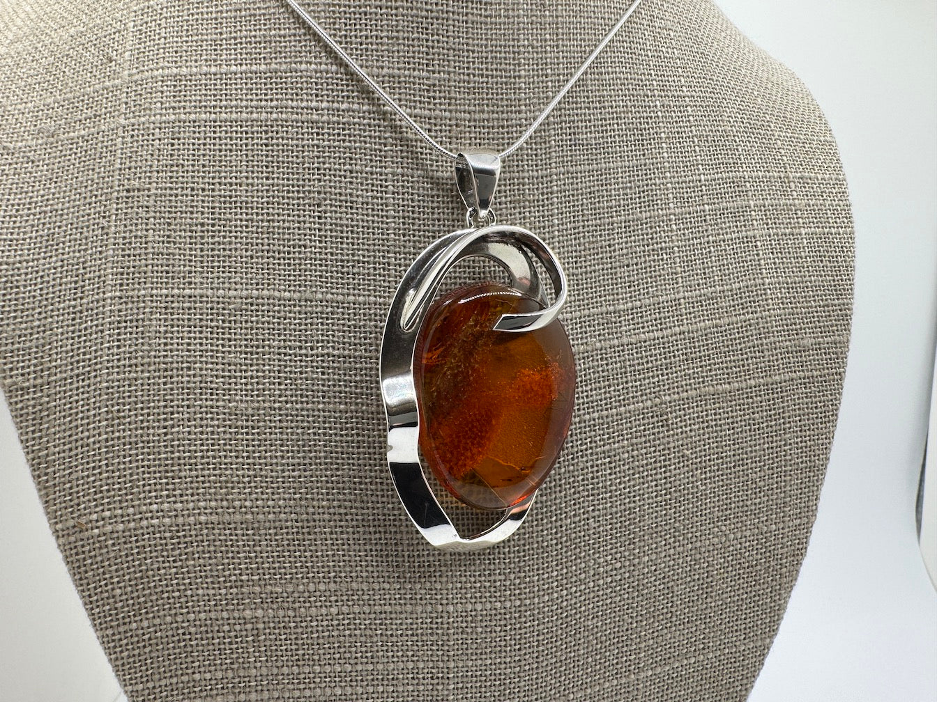 Modern Sterling Silver Honey Baltic Amber Pendant – Handmade in Poland