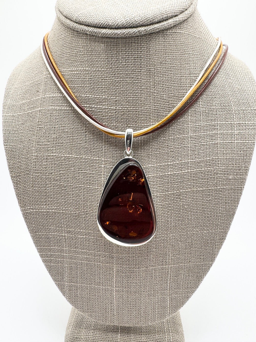 Modern Sterling Silver & Cognac Baltic Amber Pendant Necklace on Multicolor Leather Cord – Handmade in Poland
