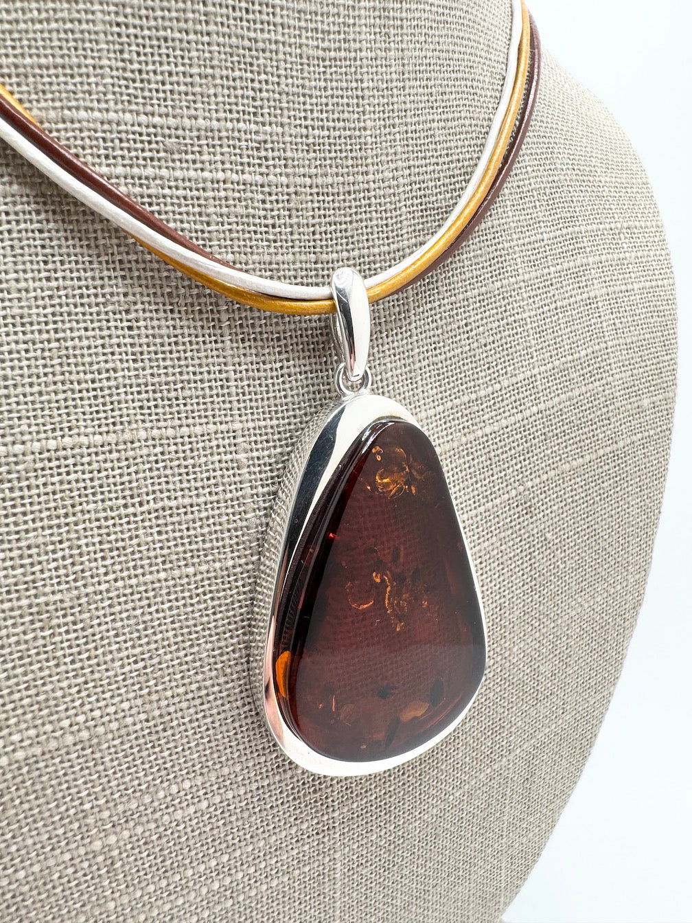 Modern Sterling Silver & Cognac Baltic Amber Pendant Necklace on Multicolor Leather Cord – Handmade in Poland