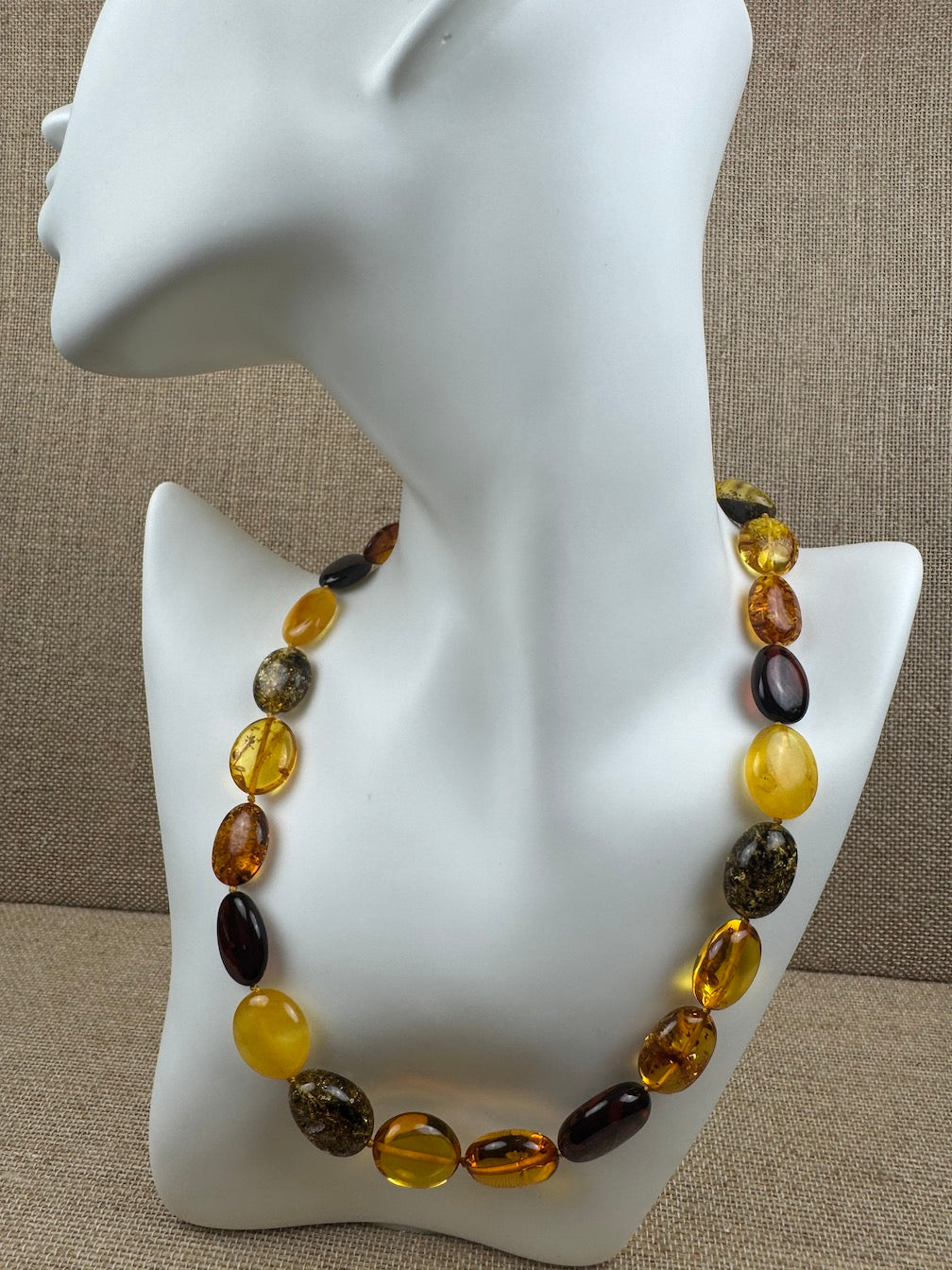 Multicolor Baltic Amber Bead Necklace – Oval Bean Shape, Sterling Silver Closure, Handmade in Lithuania