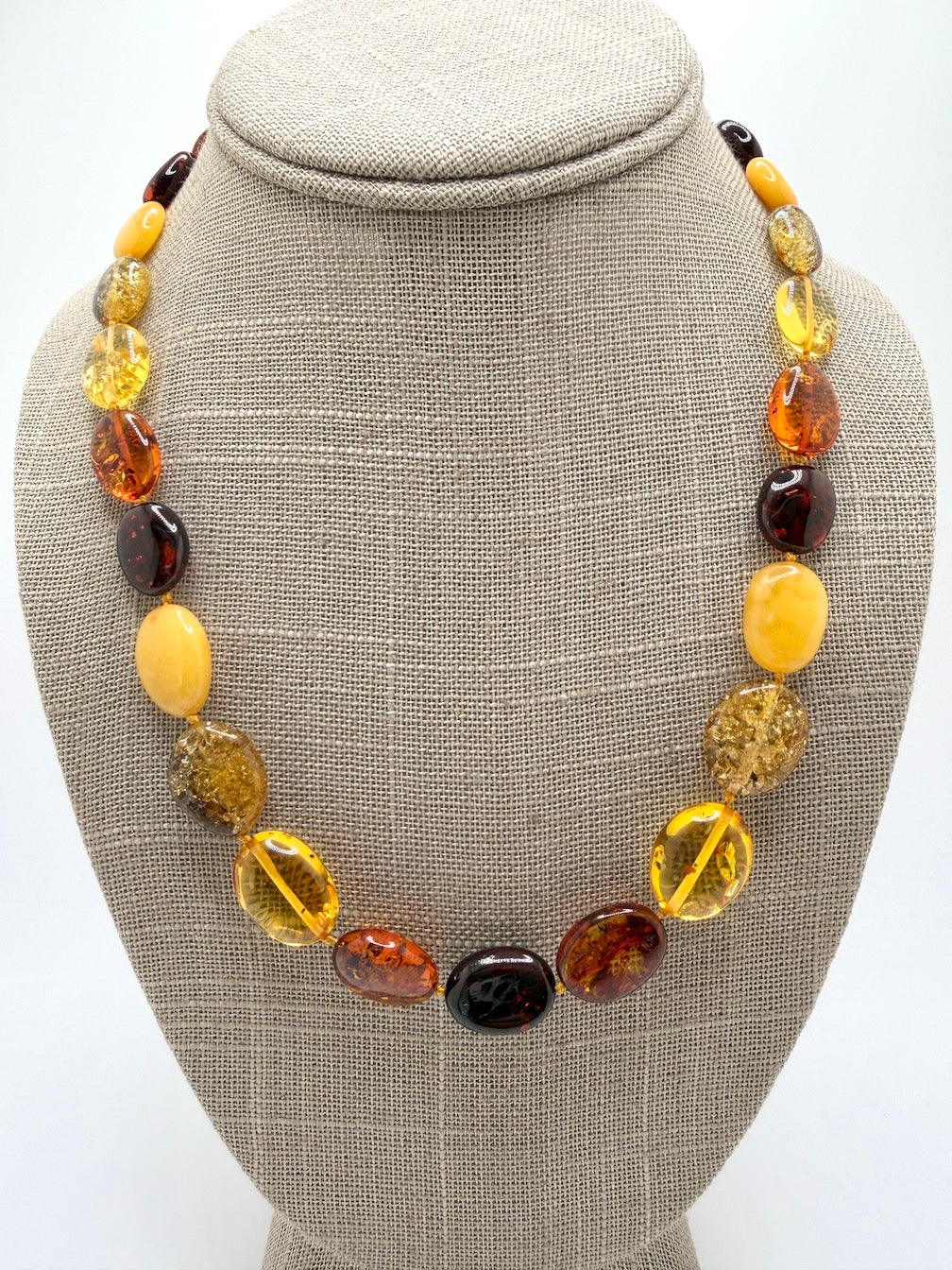 Multicolor Baltic Amber Bead Necklace – Oval Bean Shape, Sterling Silver Closure, Handmade in Lithuania
