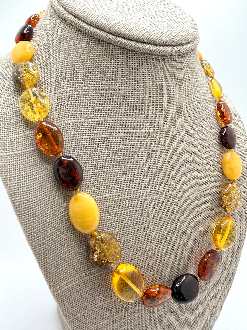 Multicolor Baltic Amber Bead Necklace – Oval Bean Shape, Sterling Silver Closure, Handmade in Lithuania