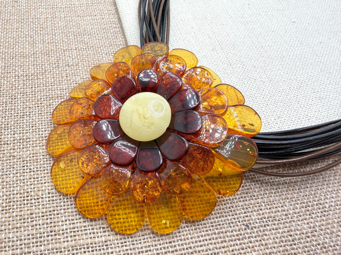 Multicolor Baltic Amber Flower Pendant Necklace on Braided Leather – Handmade in Lithuania – Museum Quality Showstopper