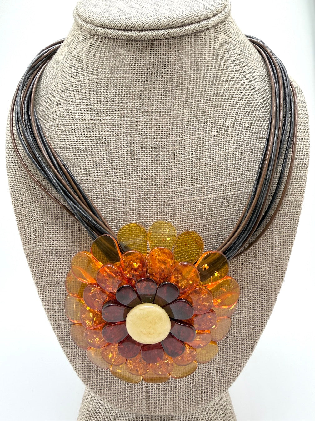 Multicolor Baltic Amber Flower Pendant Necklace on Braided Leather – Handmade in Lithuania – Museum Quality Showstopper