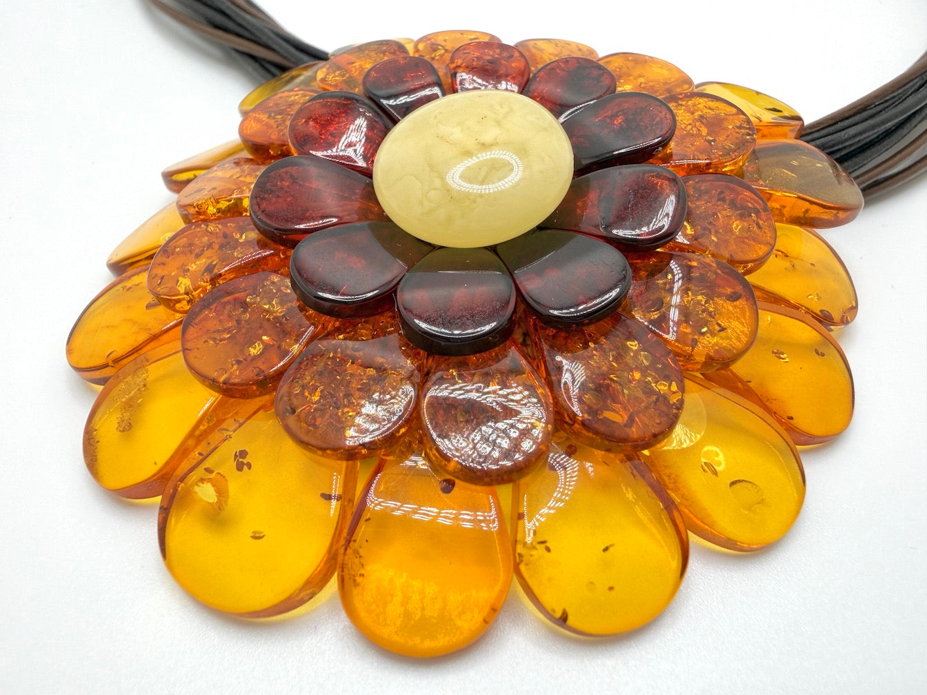 Multicolor Baltic Amber Flower Pendant Necklace on Braided Leather – Handmade in Lithuania – Museum Quality Showstopper