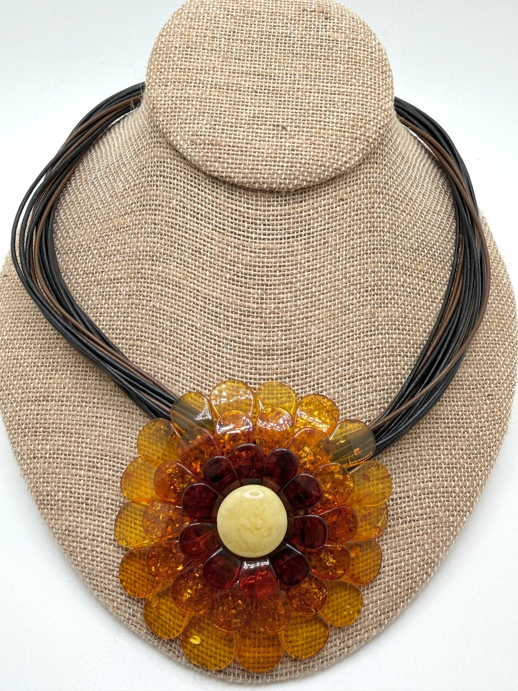 Multicolor Baltic Amber Flower Pendant Necklace on Braided Leather – Handmade in Lithuania – Museum Quality Showstopper