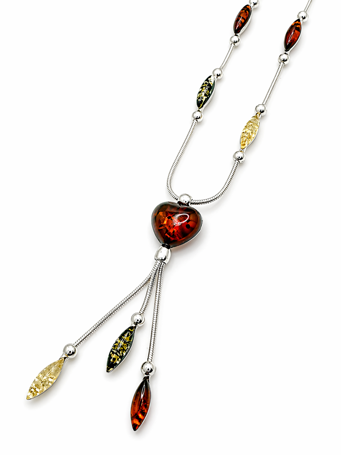Multicolor Baltic Amber Lariat Necklace – Sterling Silver with Cognac Heart & Hanging Amber Drops