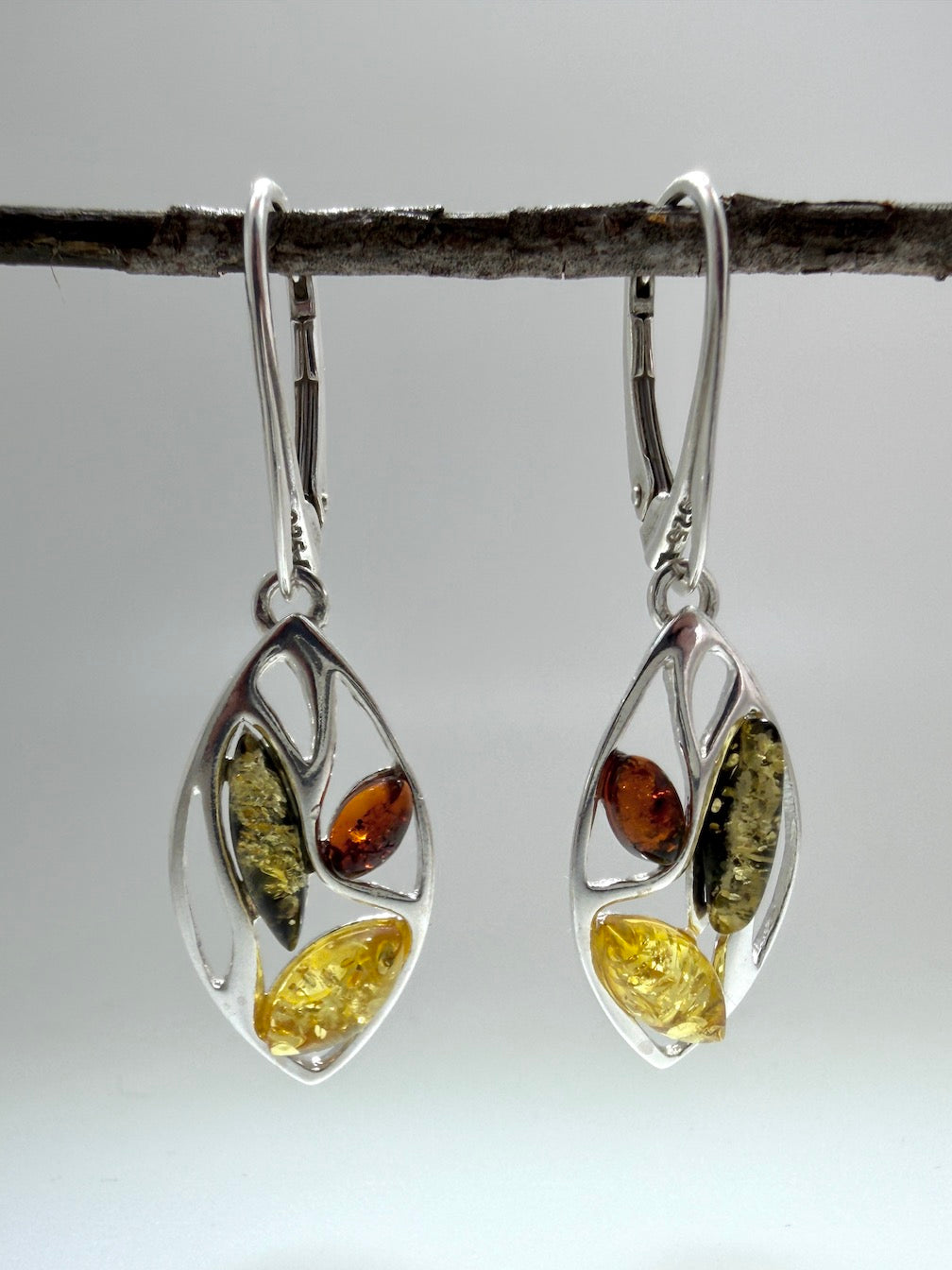 Multicolor Baltic Amber Sterling Silver Lever Back Drop Earrings