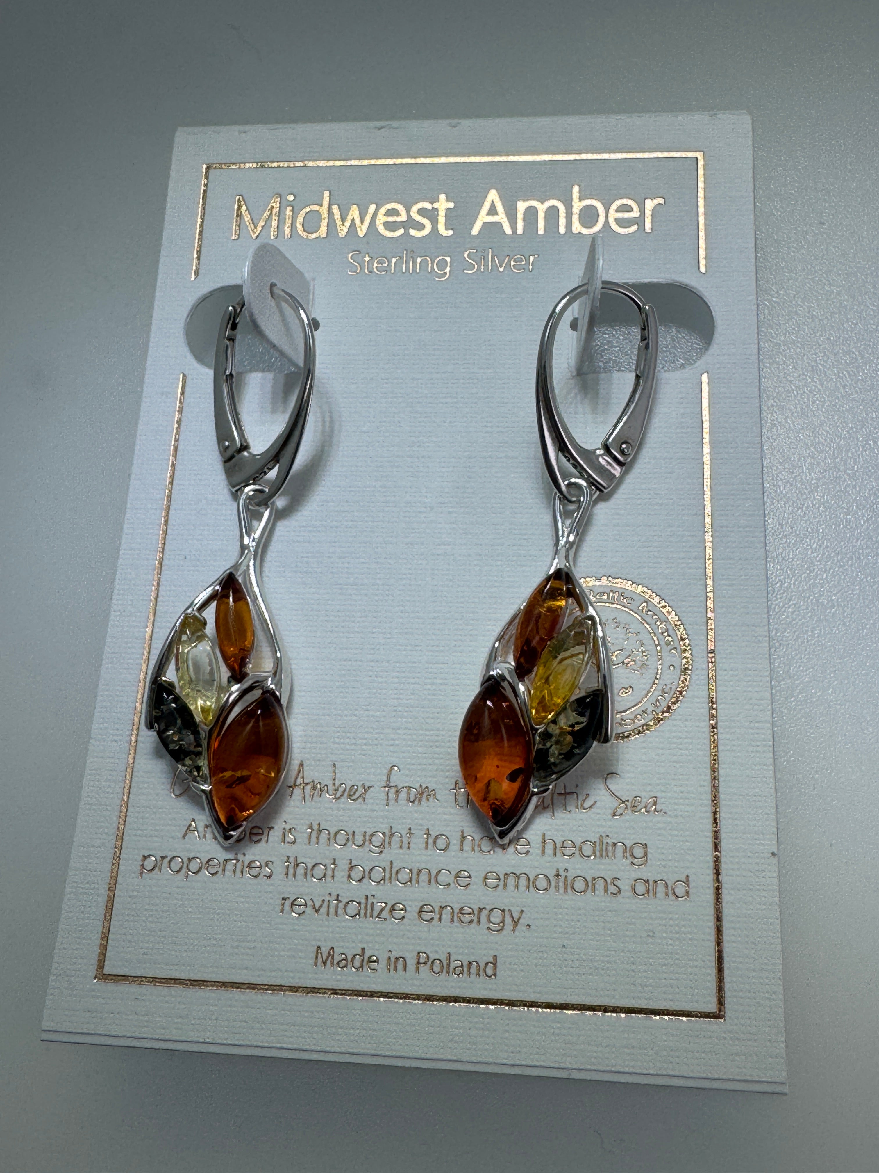 Multicolor Baltic Amber Sterling Silver Organic shaped Lever Back Earrings – Lemon, Green & Cognac Dangle Drops