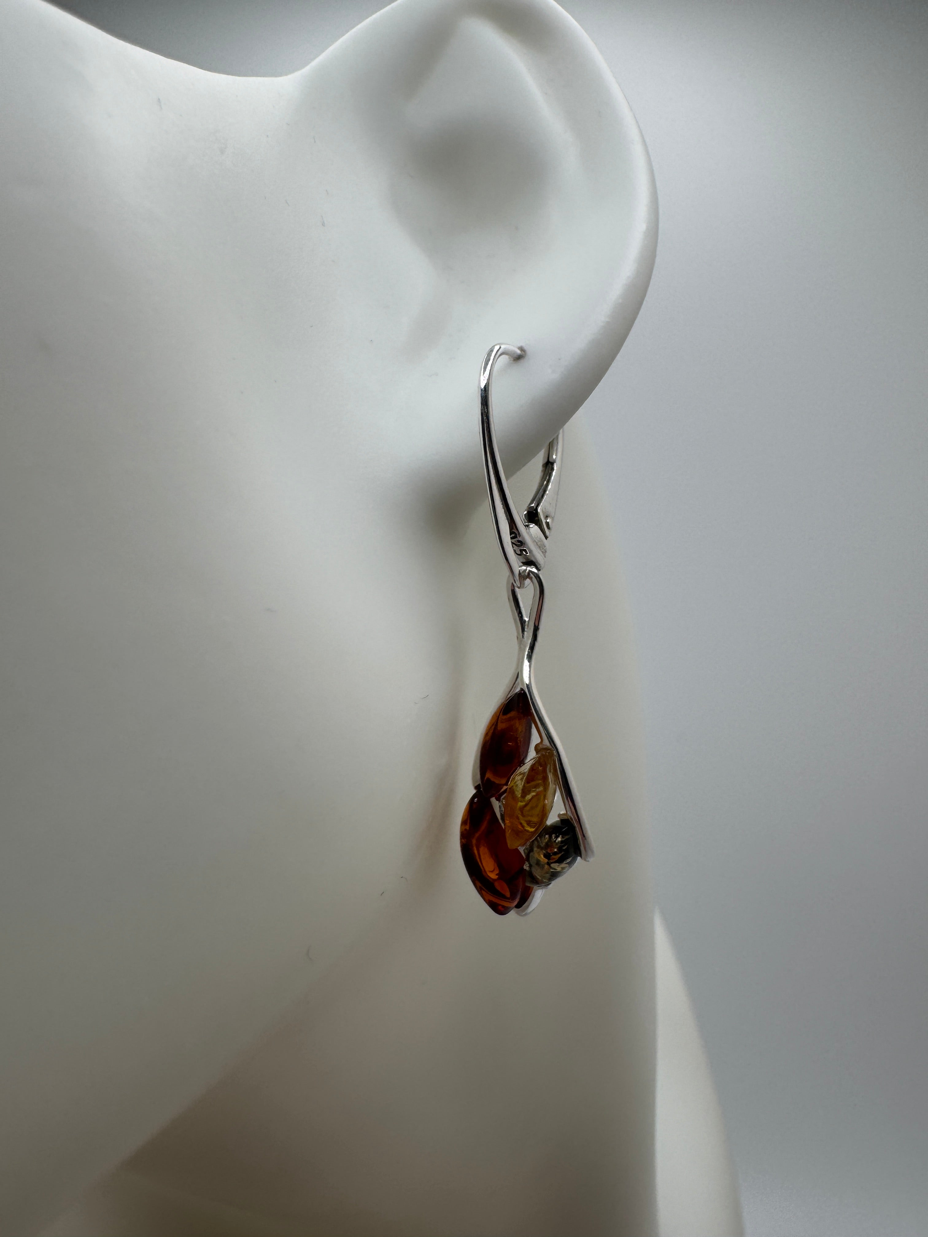 Multicolor Baltic Amber Sterling Silver Organic shaped Lever Back Earrings – Lemon, Green & Cognac Dangle Drops