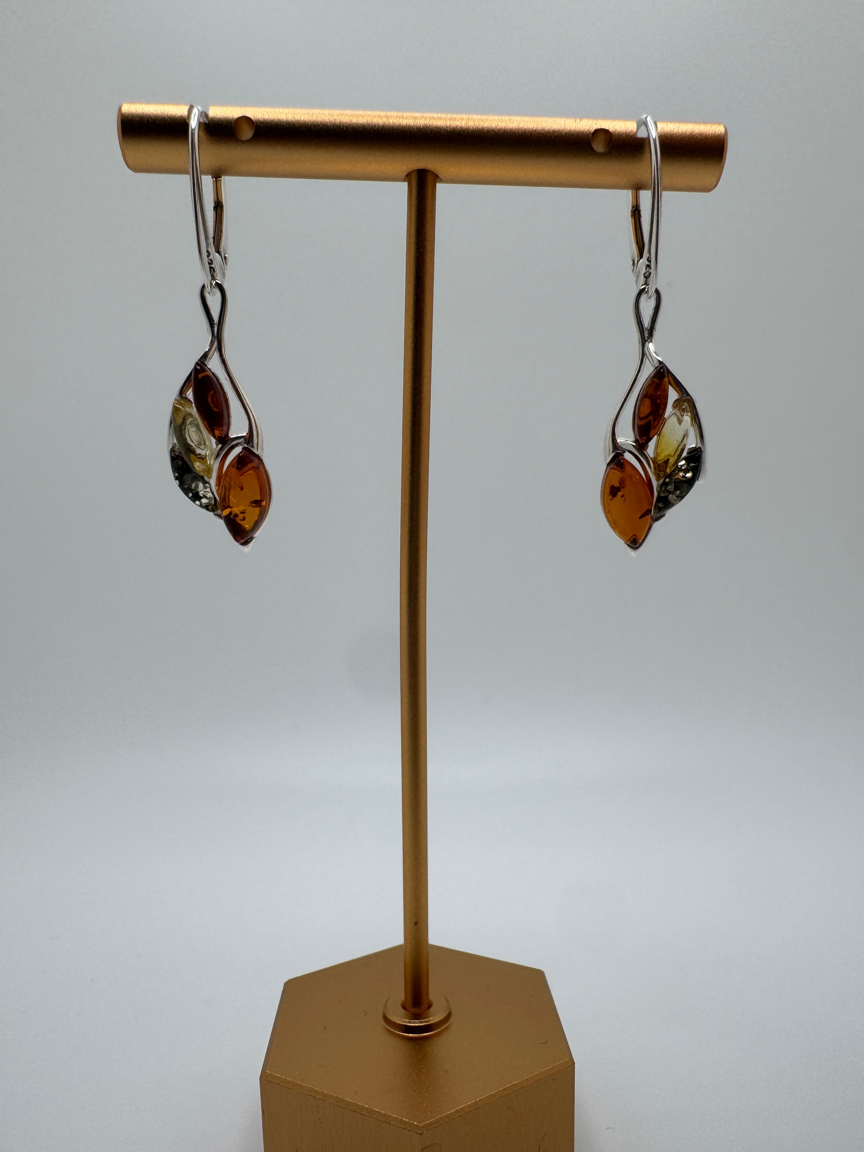 Multicolor Baltic Amber Sterling Silver Organic shaped Lever Back Earrings – Lemon, Green & Cognac Dangle Drops