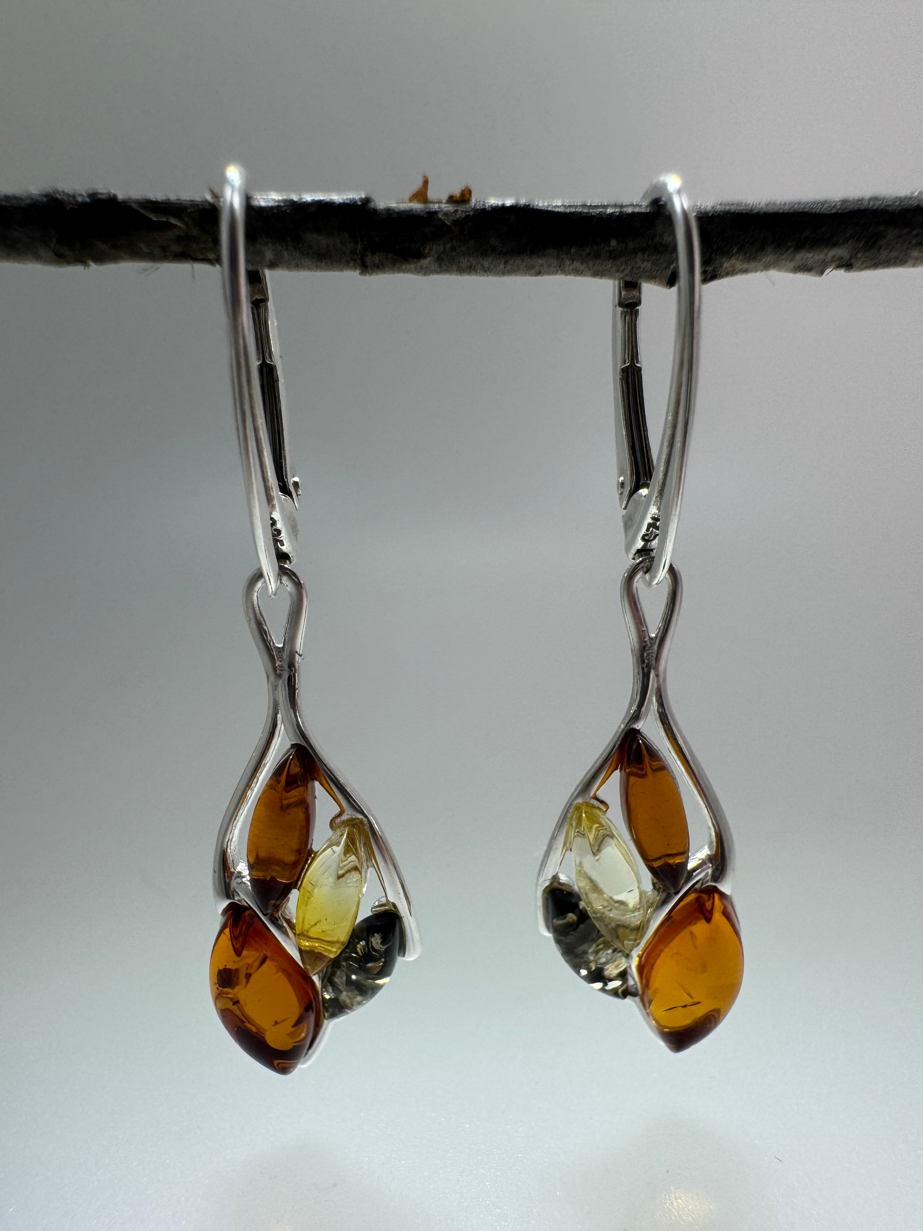 Multicolor Baltic Amber Sterling Silver Organic shaped Lever Back Earrings – Lemon, Green & Cognac Dangle Drops