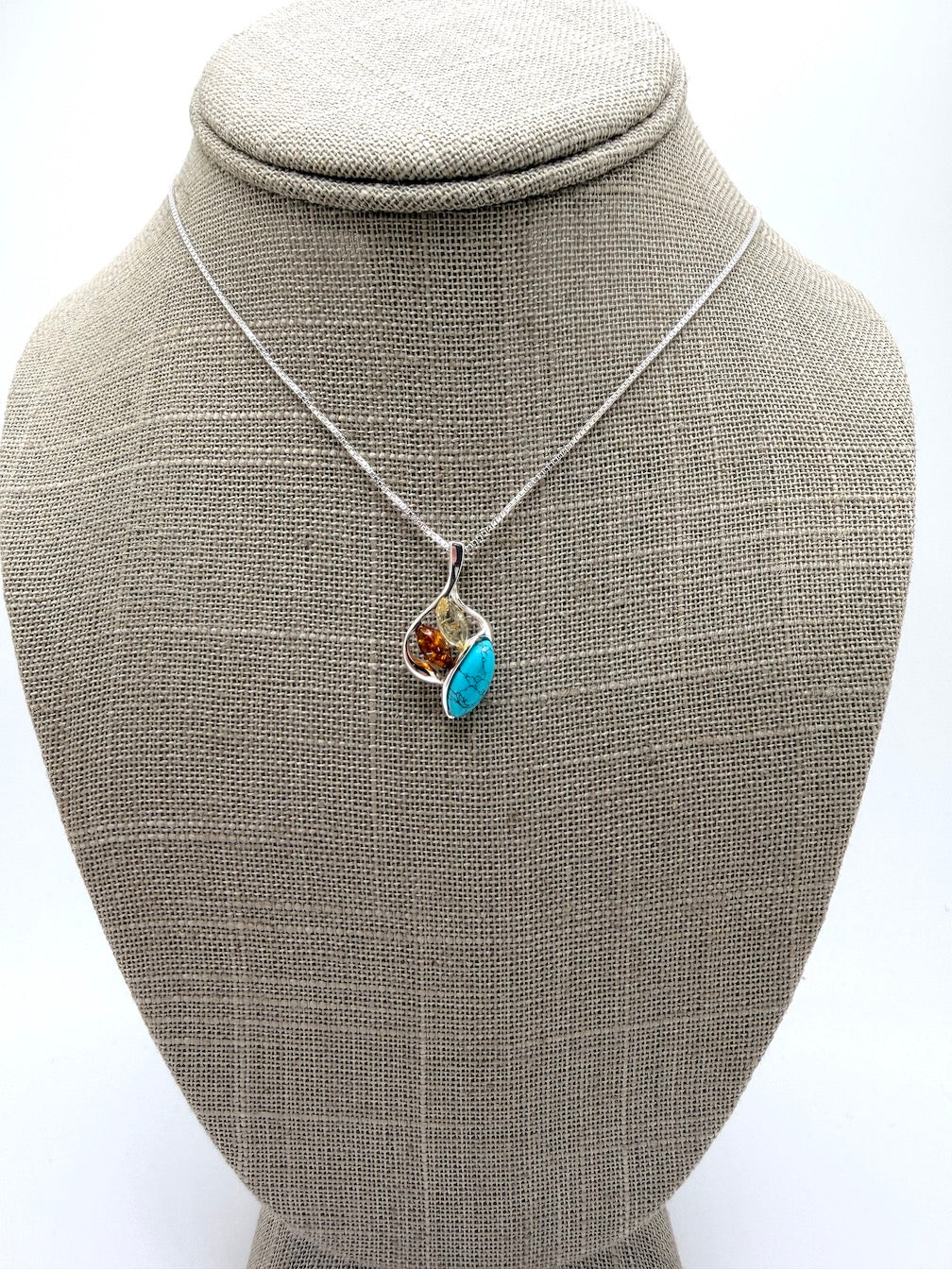 Multicolor Baltic Amber & Turquoise Pendant – Earthy Elegance in Sterling Silver