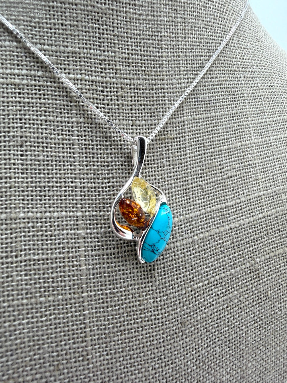 Multicolor Baltic Amber & Turquoise Pendant – Earthy Elegance in Sterling Silver
