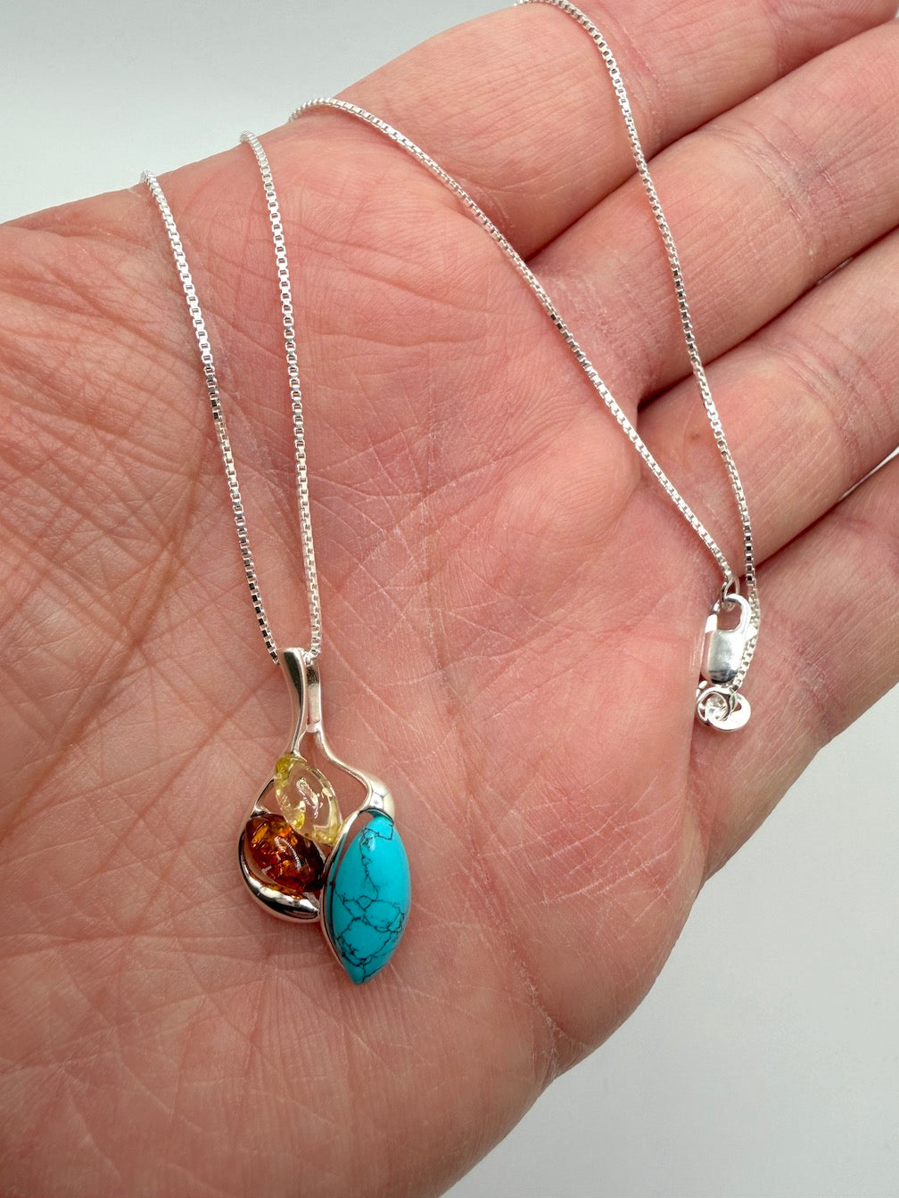 Multicolor Baltic Amber & Turquoise Pendant – Earthy Elegance in Sterling Silver