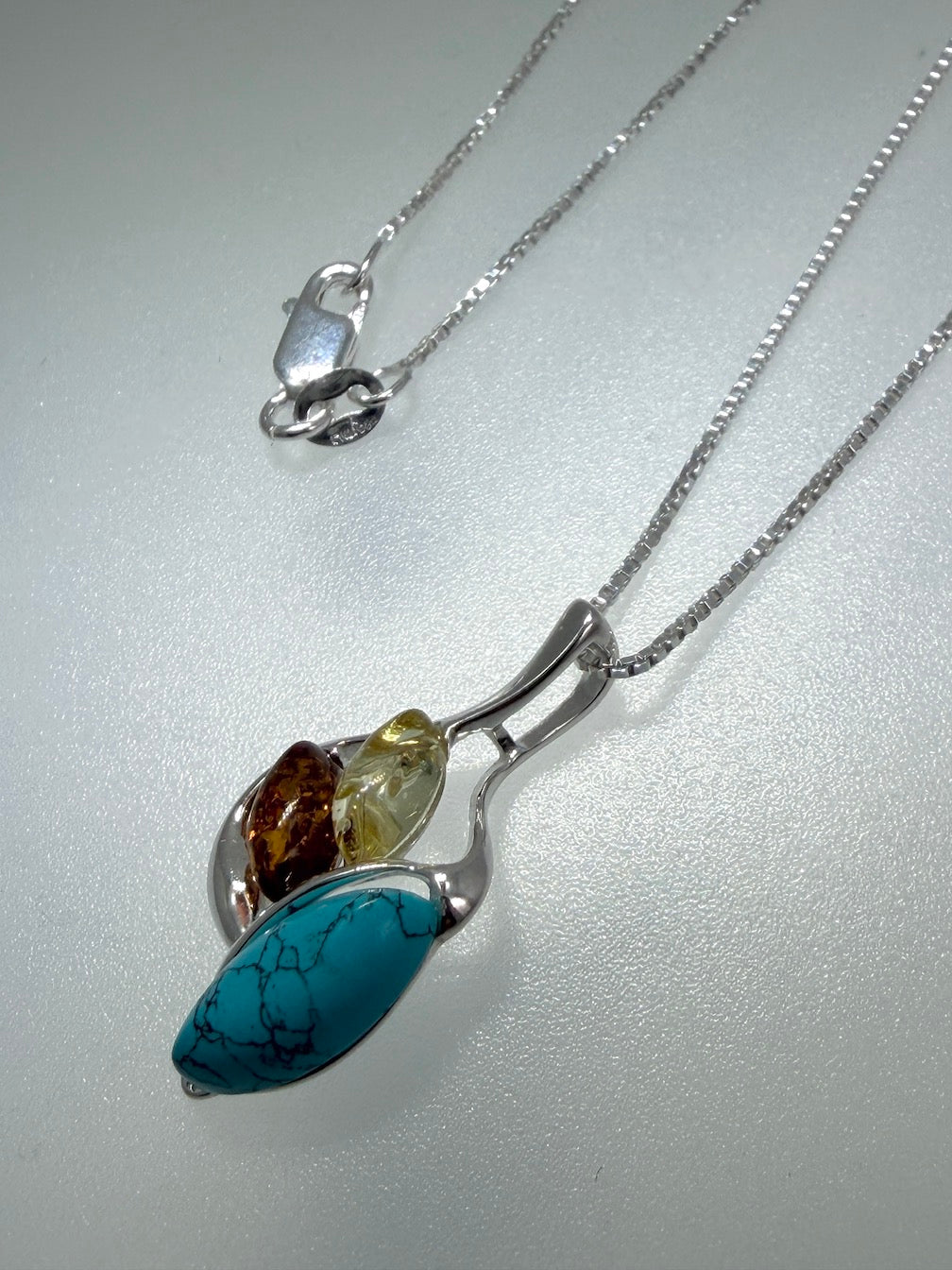 Multicolor Baltic Amber & Turquoise Pendant – Earthy Elegance in Sterling Silver
