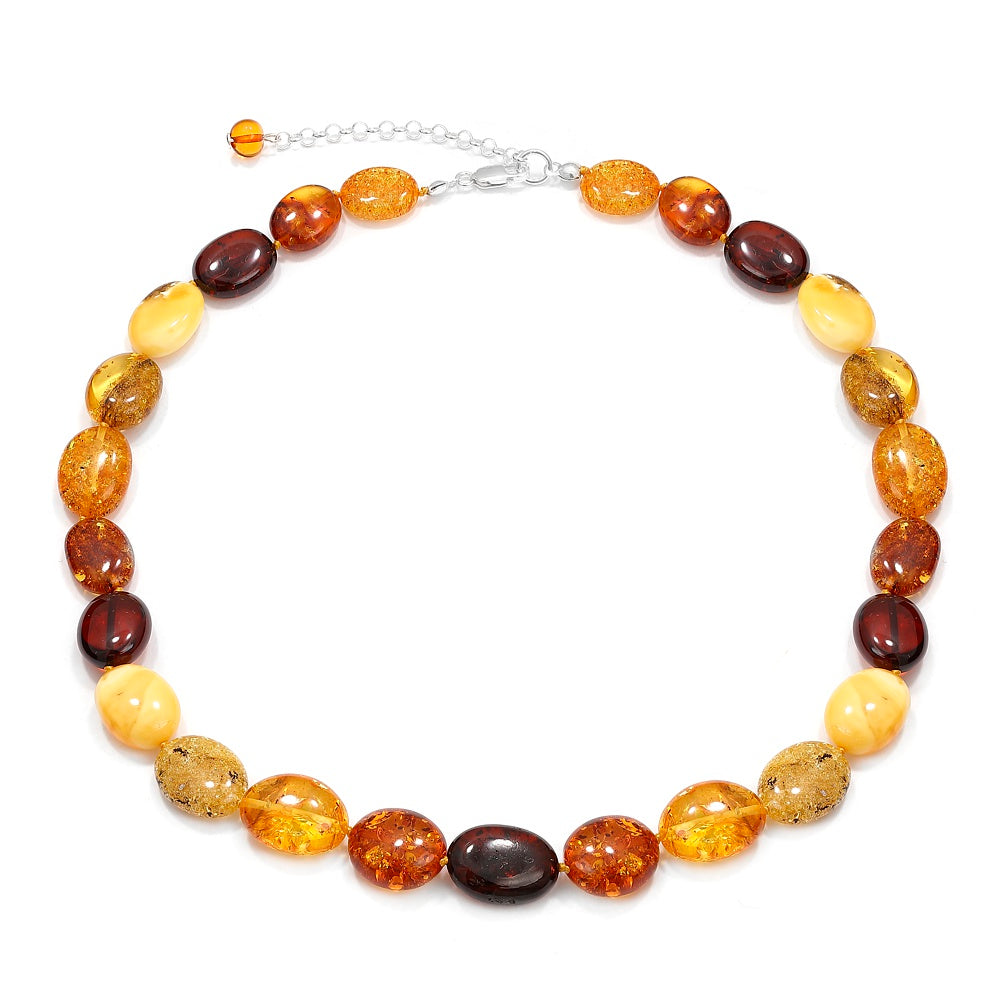 Multicolor Baltic Amber Bead Necklace – Oval Bean Shape, Sterling Silver Closure, Handmade in Lithuania