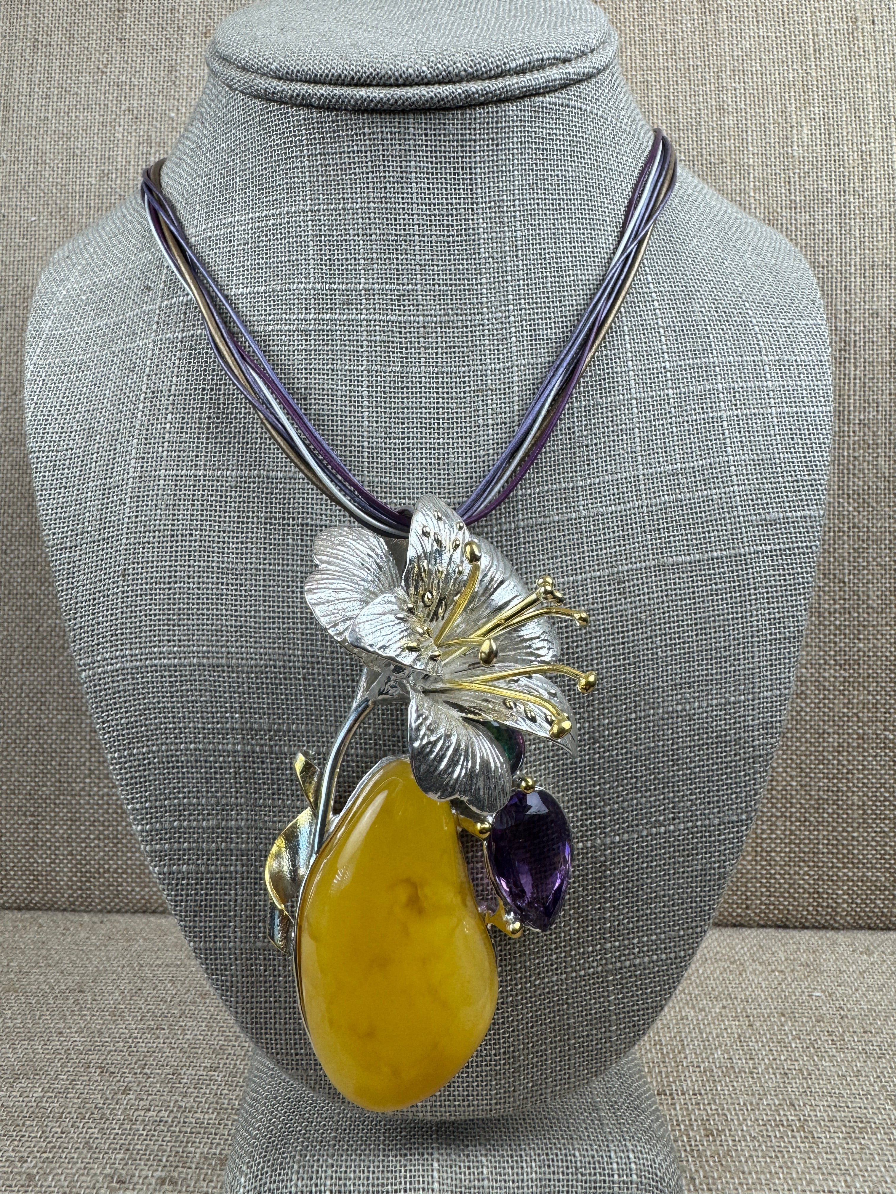 Museum Quality Sterling Silver Baltic Amber Pendant Necklace with Butterscotch Amber, Amethyst & Mystic Topaz – Handmade in Poland