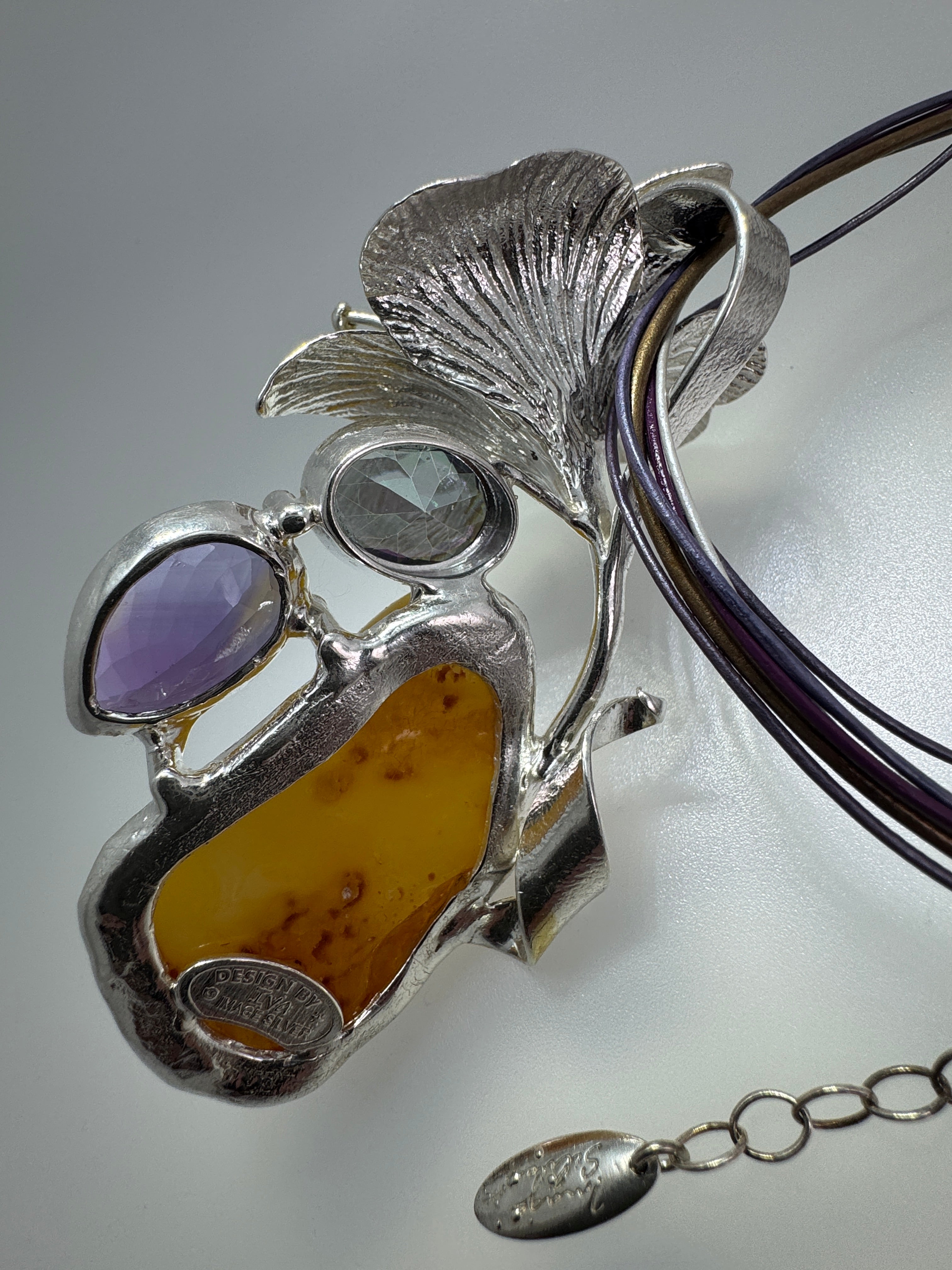 Museum Quality Sterling Silver Baltic Amber Pendant Necklace with Butterscotch Amber, Amethyst & Mystic Topaz – Handmade in Poland
