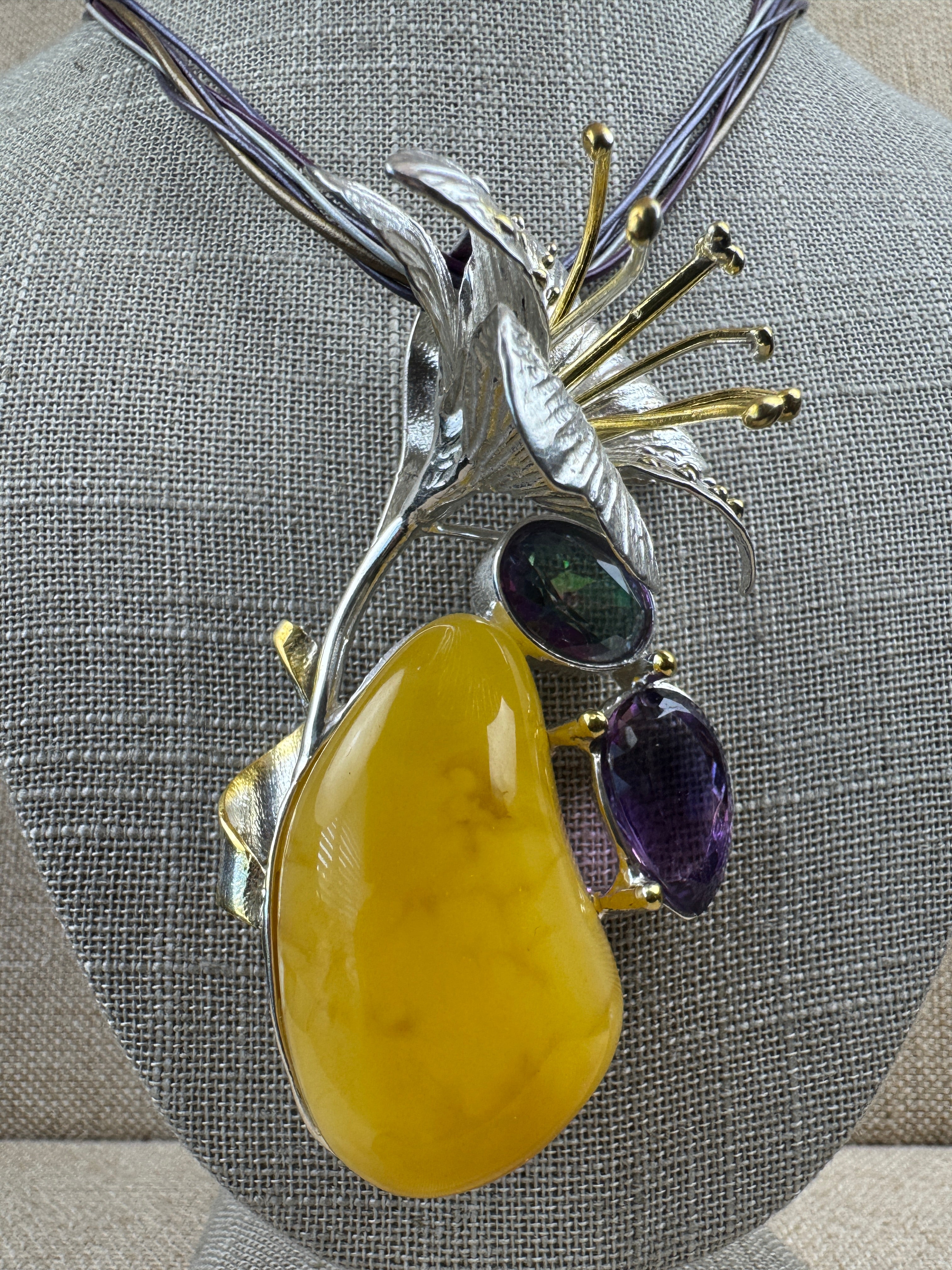 Museum Quality Sterling Silver Baltic Amber Pendant Necklace with Butterscotch Amber, Amethyst & Mystic Topaz – Handmade in Poland
