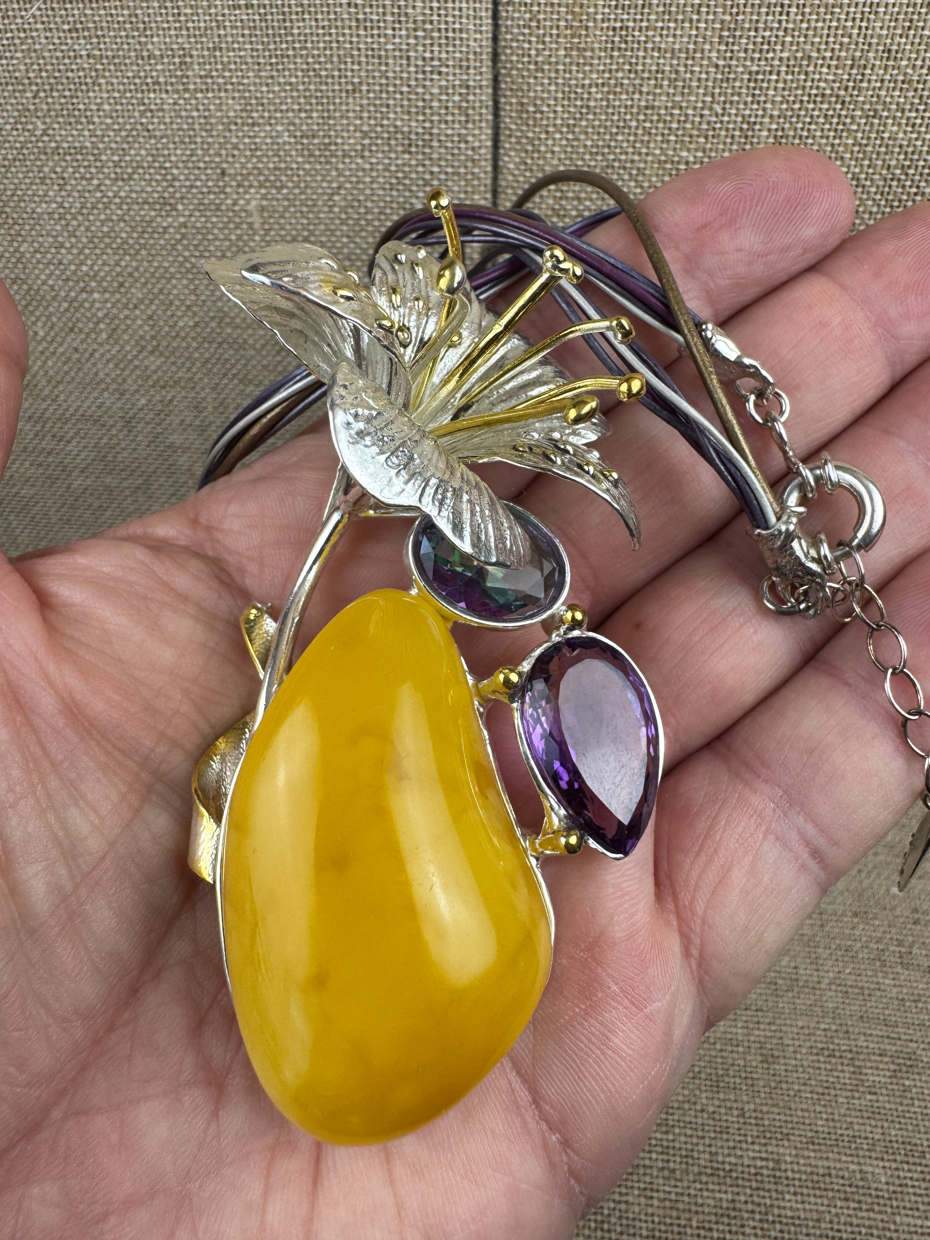 Museum Quality Sterling Silver Baltic Amber Pendant Necklace with Butterscotch Amber, Amethyst & Mystic Topaz – Handmade in Poland