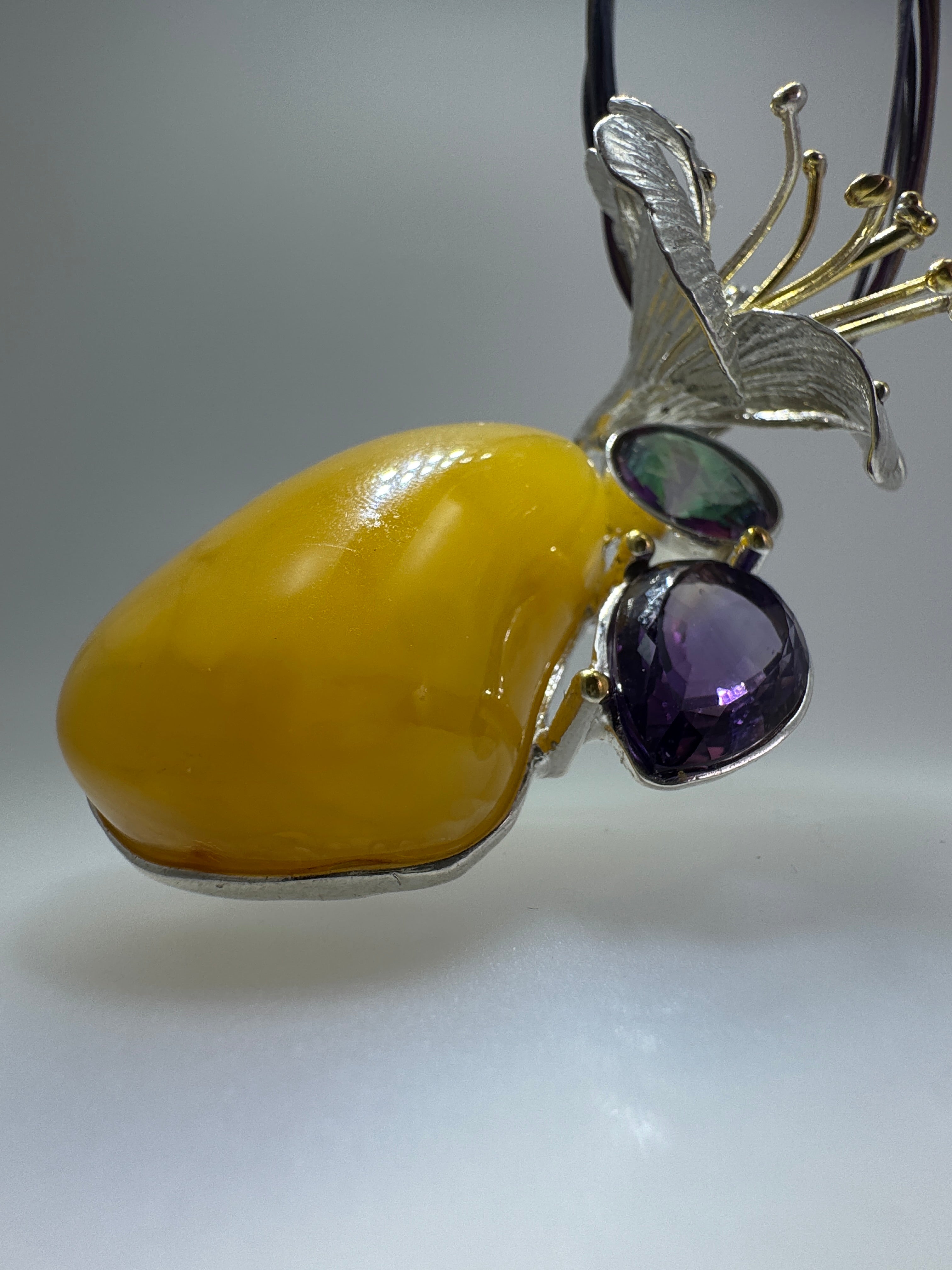 Museum Quality Sterling Silver Baltic Amber Pendant Necklace with Butterscotch Amber, Amethyst & Mystic Topaz – Handmade in Poland