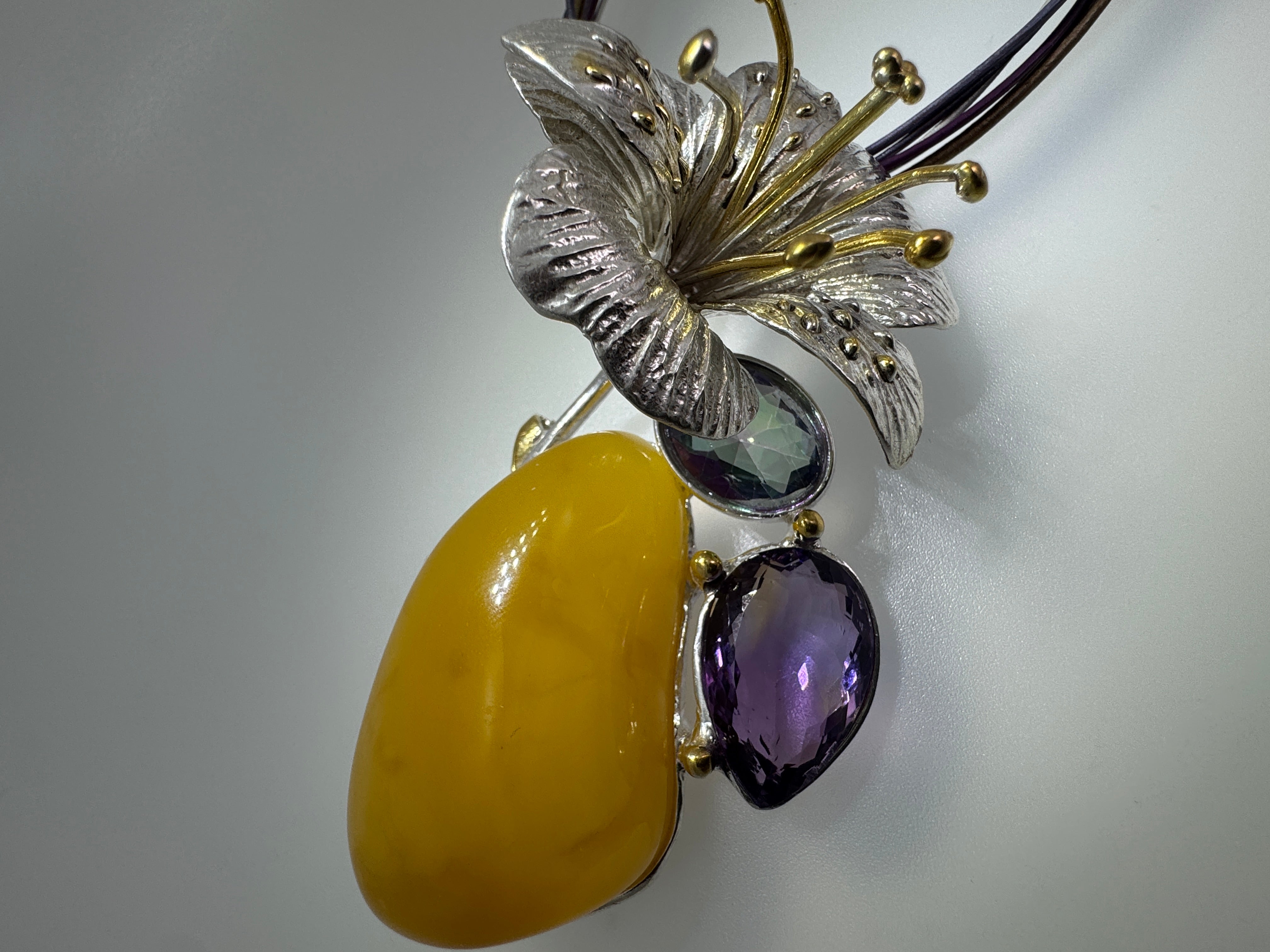 Museum Quality Sterling Silver Baltic Amber Pendant Necklace with Butterscotch Amber, Amethyst & Mystic Topaz – Handmade in Poland