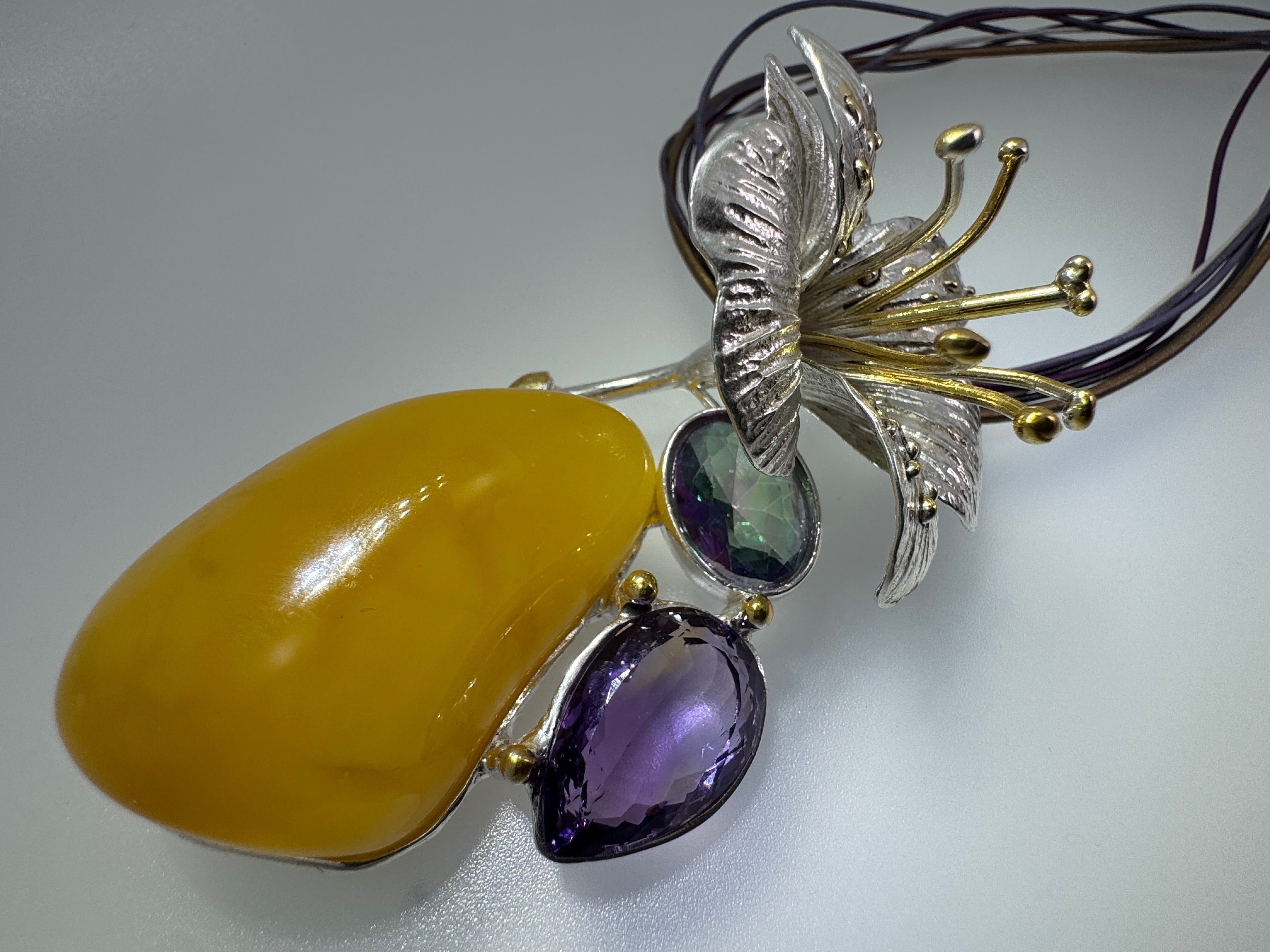 Museum Quality Sterling Silver Baltic Amber Pendant Necklace with Butterscotch Amber, Amethyst & Mystic Topaz – Handmade in Poland