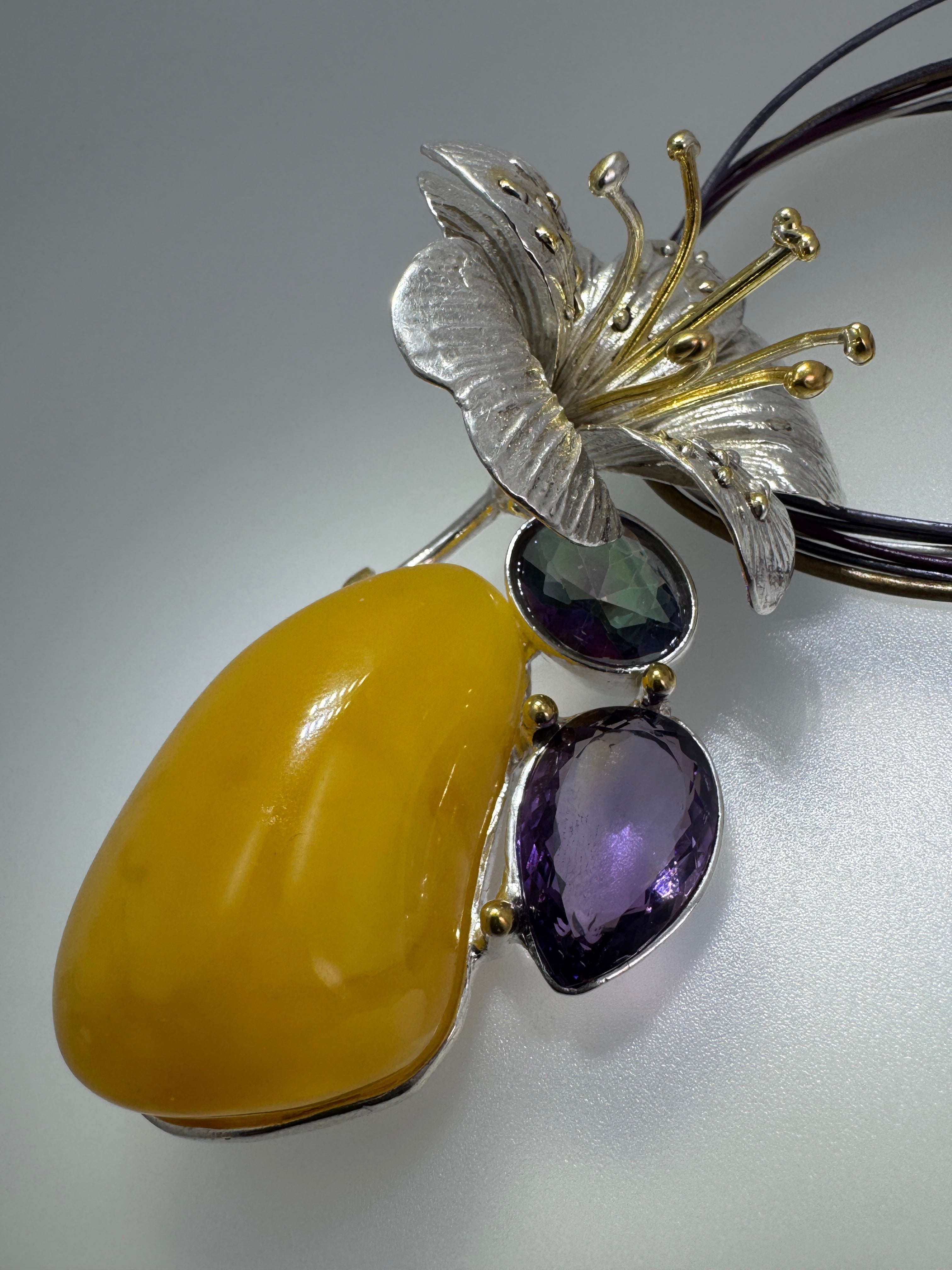 Museum Quality Sterling Silver Baltic Amber Pendant Necklace with Butterscotch Amber, Amethyst & Mystic Topaz – Handmade in Poland
