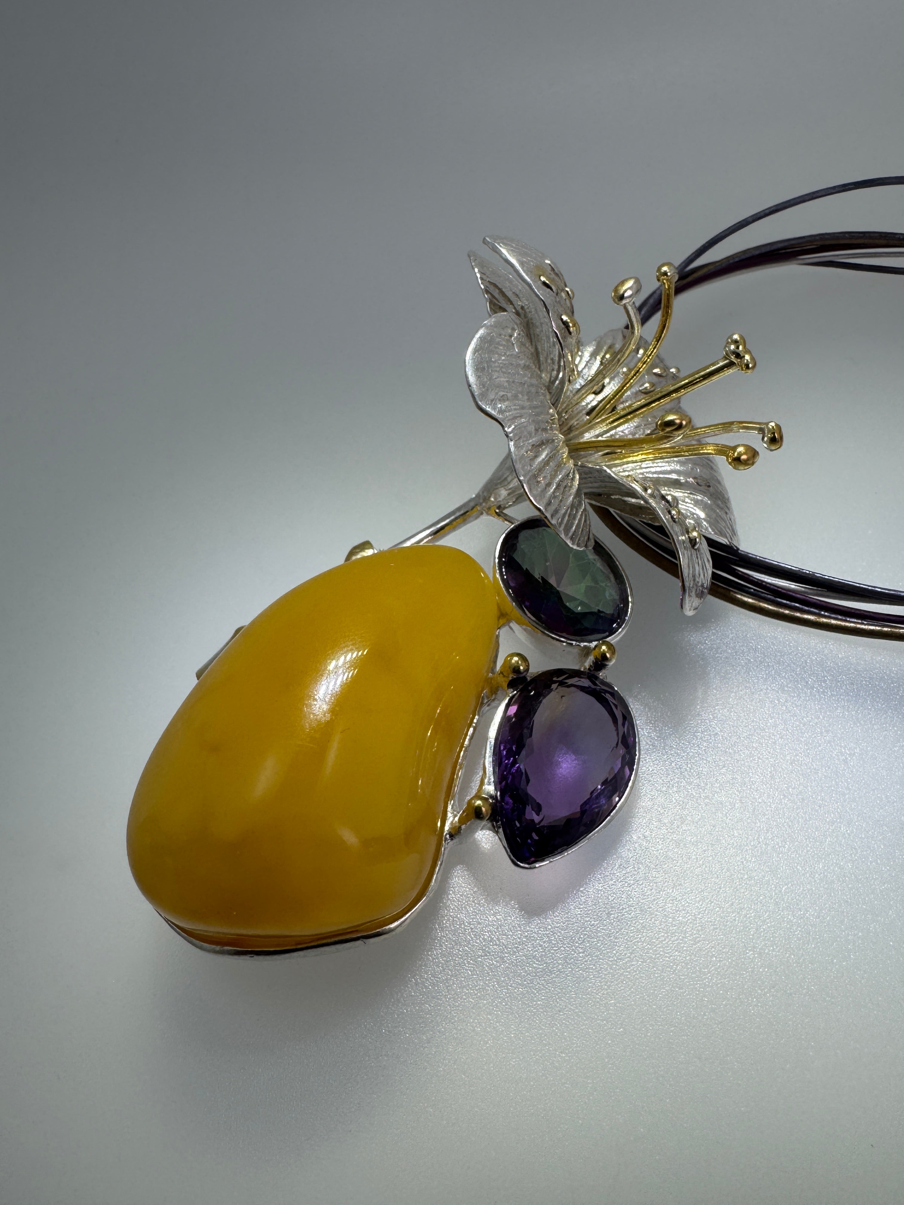 Museum Quality Sterling Silver Baltic Amber Pendant Necklace with Butterscotch Amber, Amethyst & Mystic Topaz – Handmade in Poland