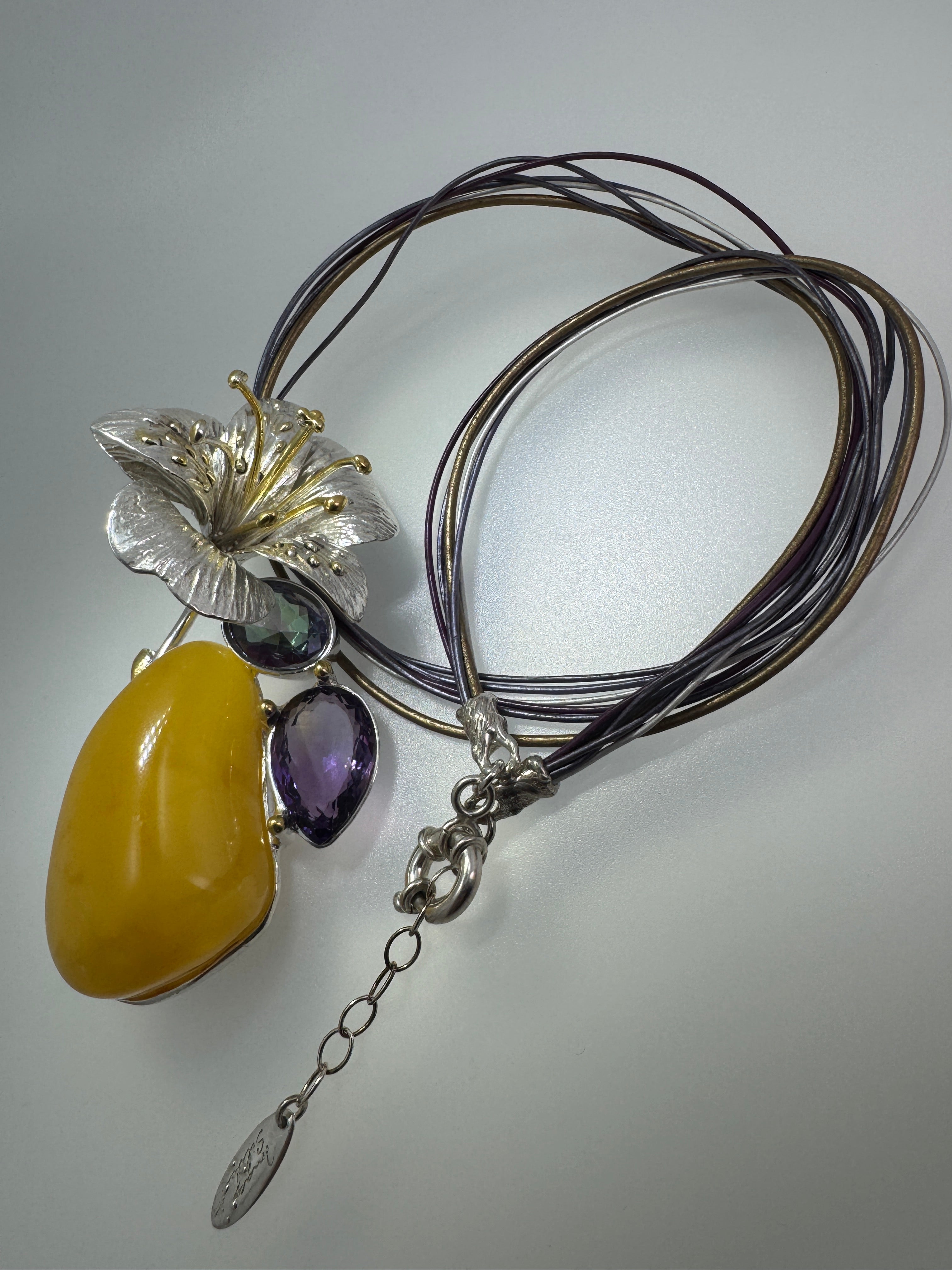 Museum Quality Sterling Silver Baltic Amber Pendant Necklace with Butterscotch Amber, Amethyst & Mystic Topaz – Handmade in Poland