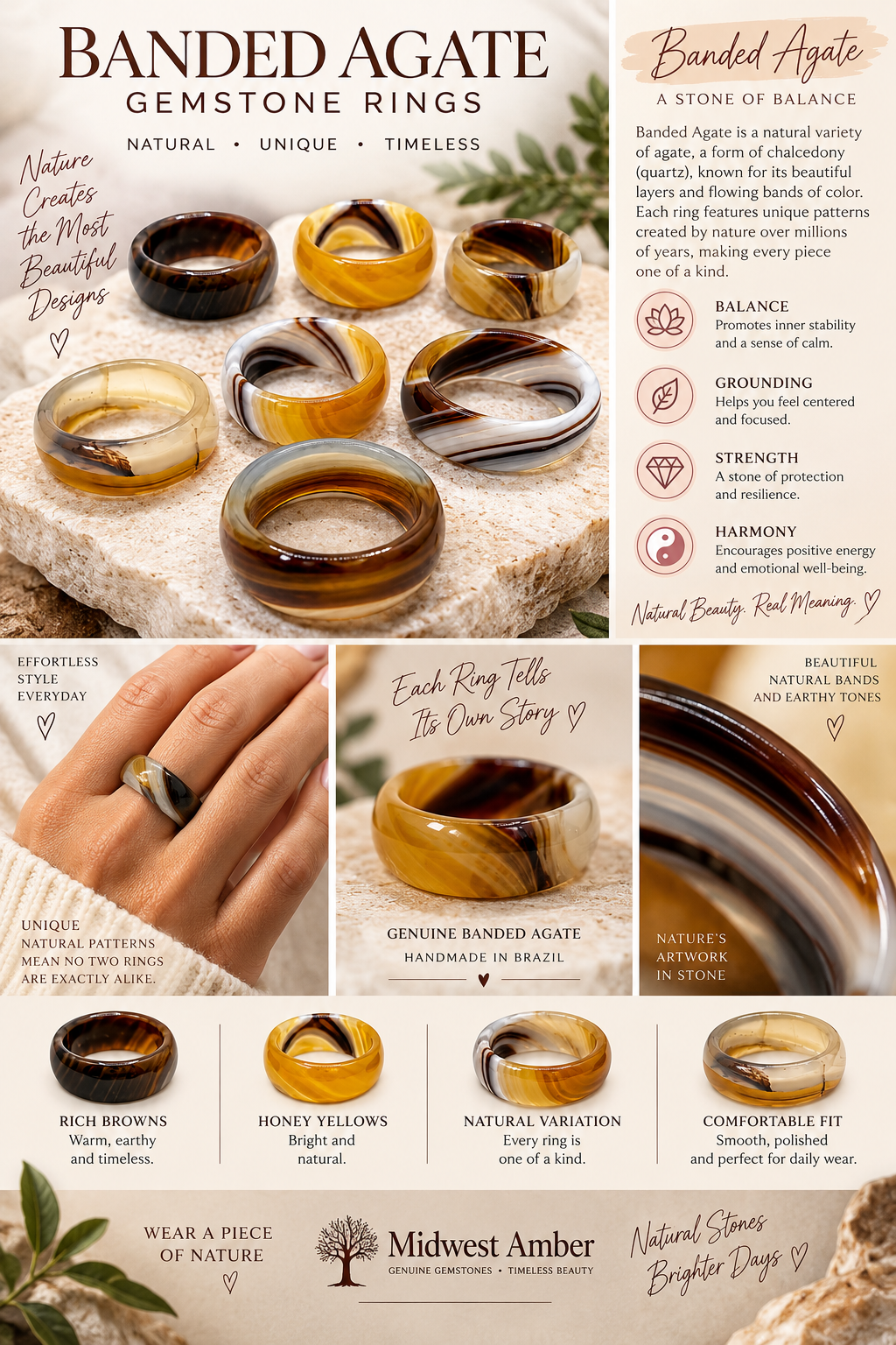 Natural Banded Agate Ring – Genuine Gemstone Band Ring