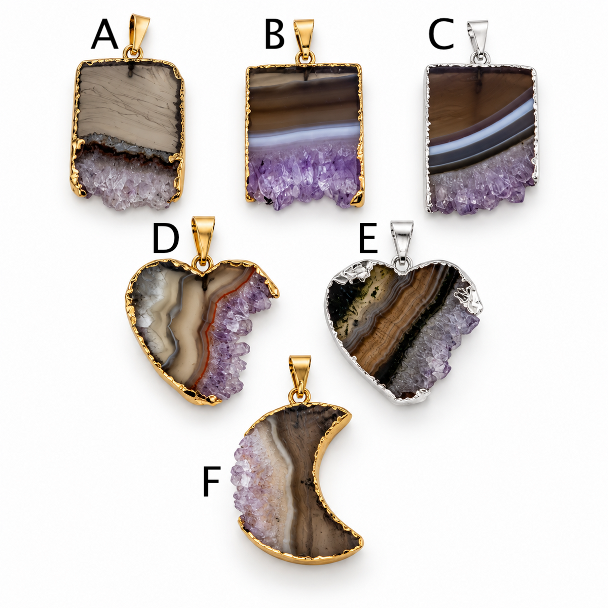 Natural Gemstone Druzy Pendant Necklace – Amethyst, Citrine & Agate