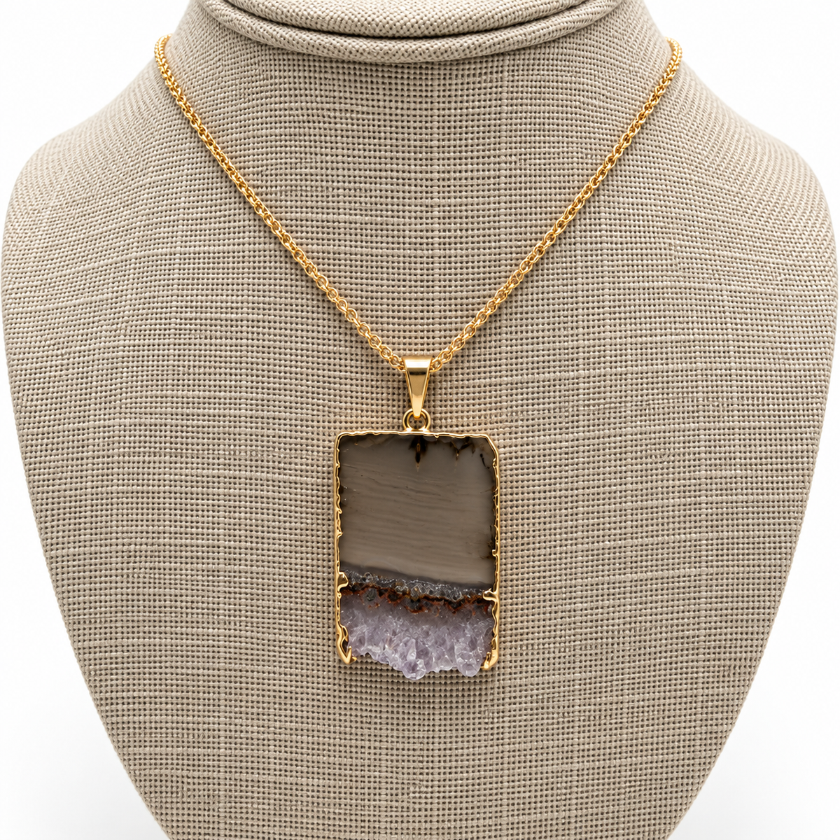 Natural Gemstone Druzy Pendant Necklace – Amethyst, Citrine & Agate
