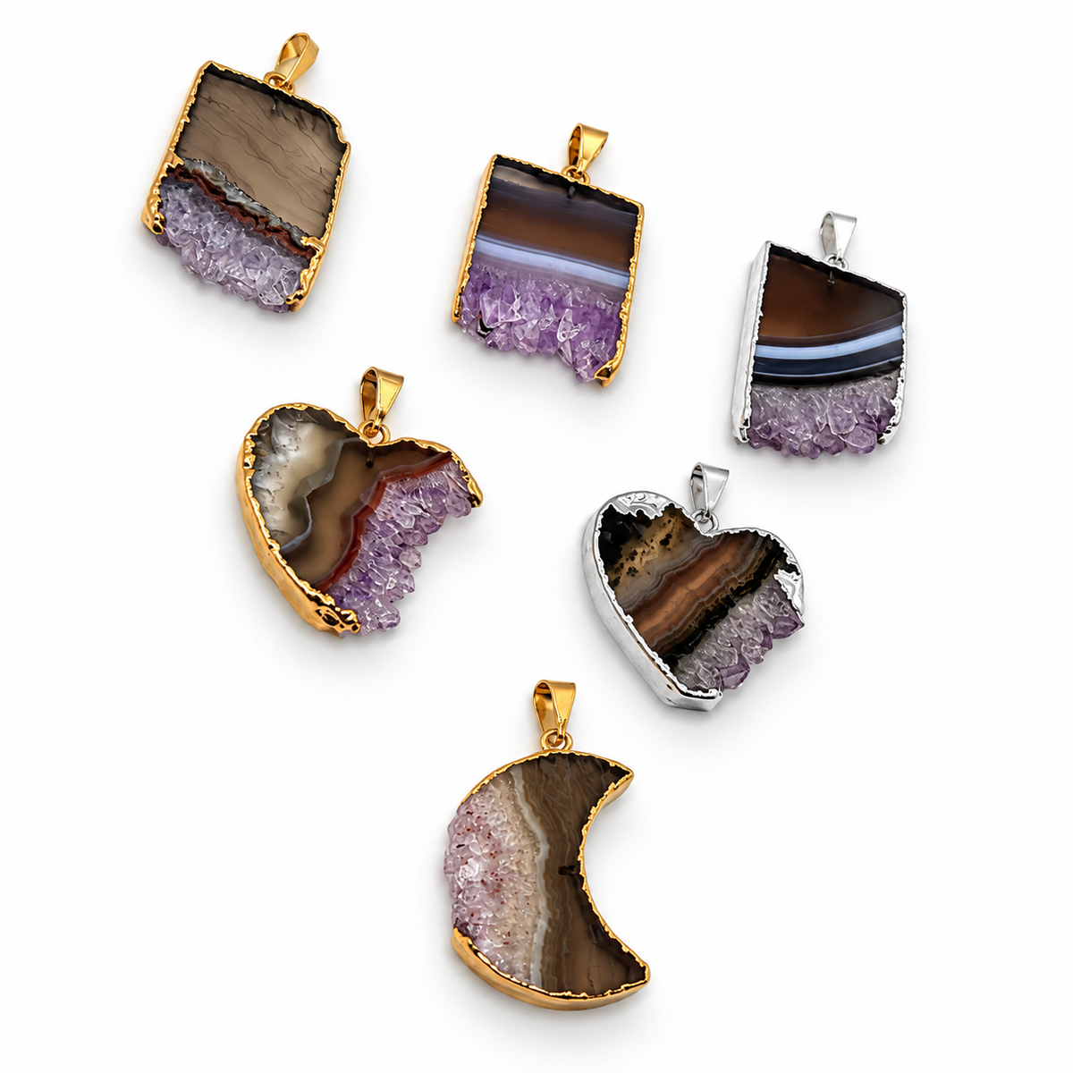 Natural Gemstone Druzy Pendant Necklace – Amethyst, Citrine & Agate