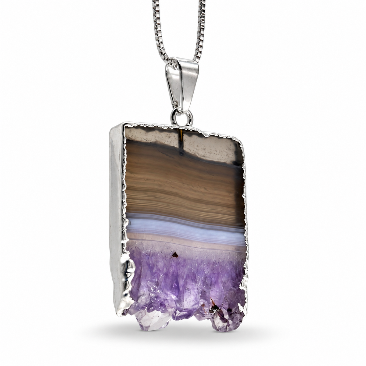 Natural Gemstone Druzy Pendant Necklace – Amethyst, Citrine & Agate