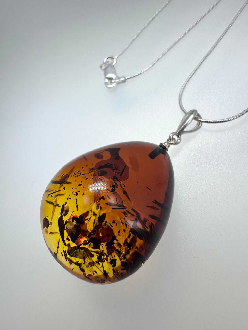 Ombré Lemon to Honey Baltic Amber Teardrop Pendant Necklace – Sterling Silver Snake Chain