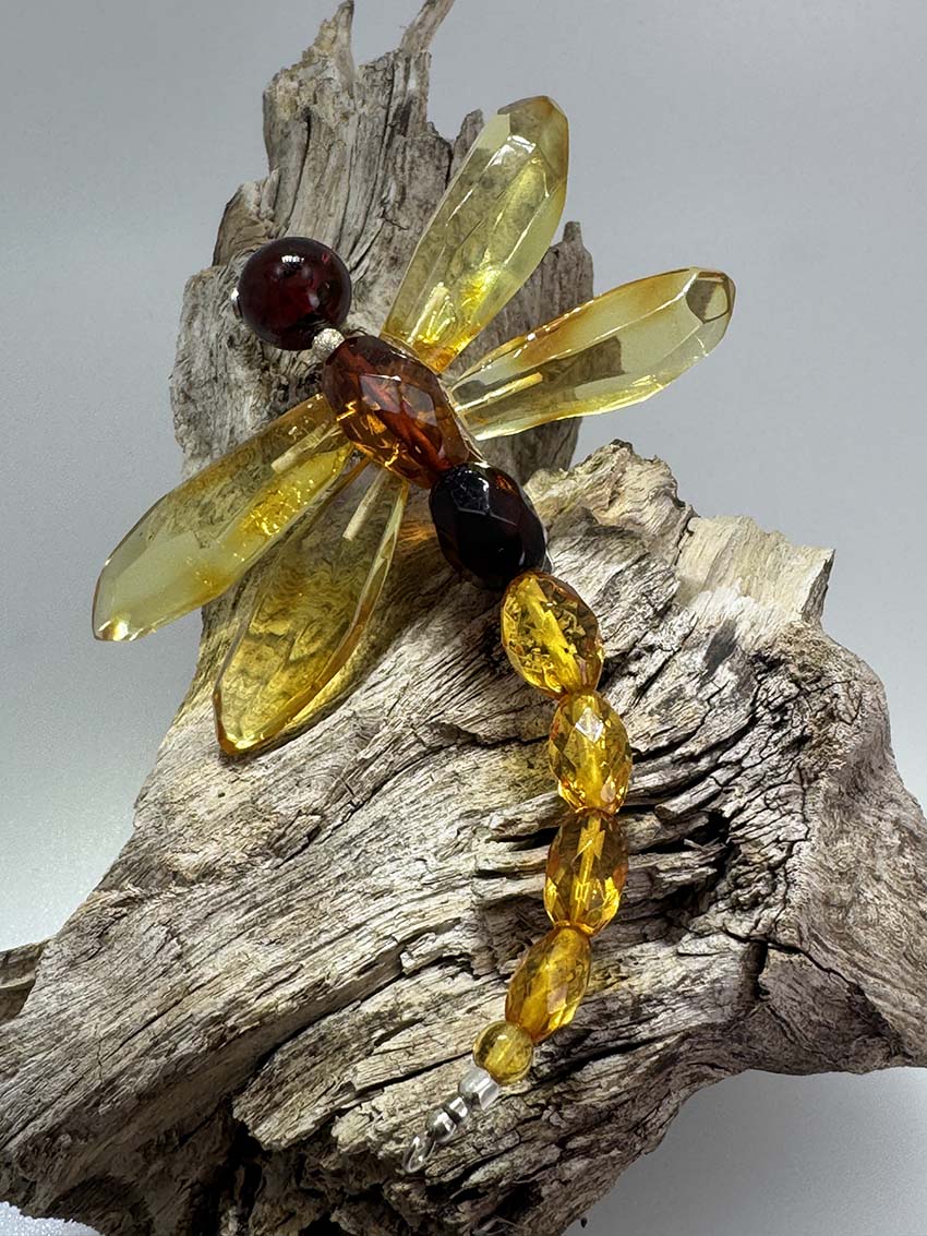 One-of-a-Kind Baltic Amber Dragonfly Brooch - Cognac, Lemon & Cherry