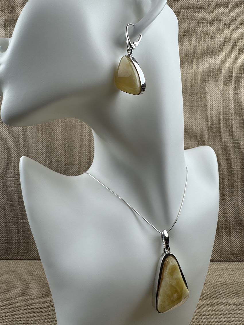 One-of-a-Kind Butterscotch Baltic Amber Pendant & Earring Set - Modern Sterling Silver Design