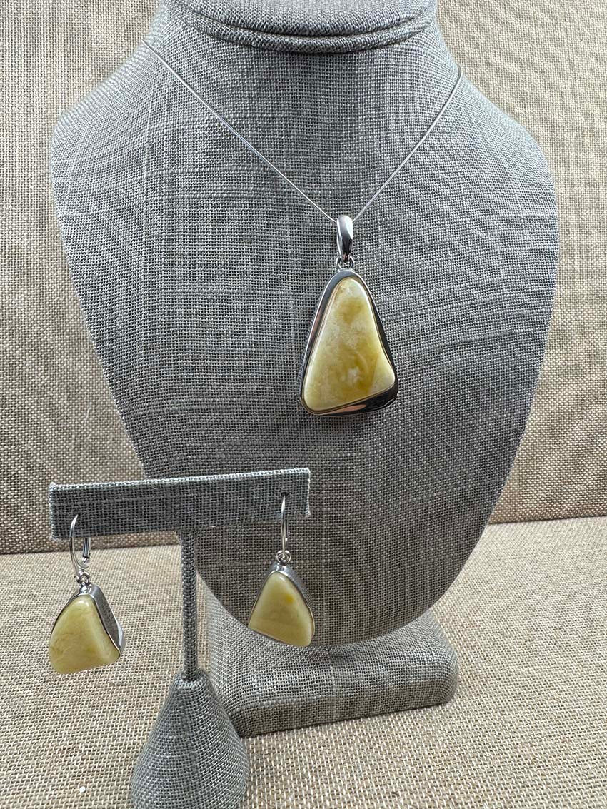 One-of-a-Kind Butterscotch Baltic Amber Pendant & Earring Set - Modern Sterling Silver Design