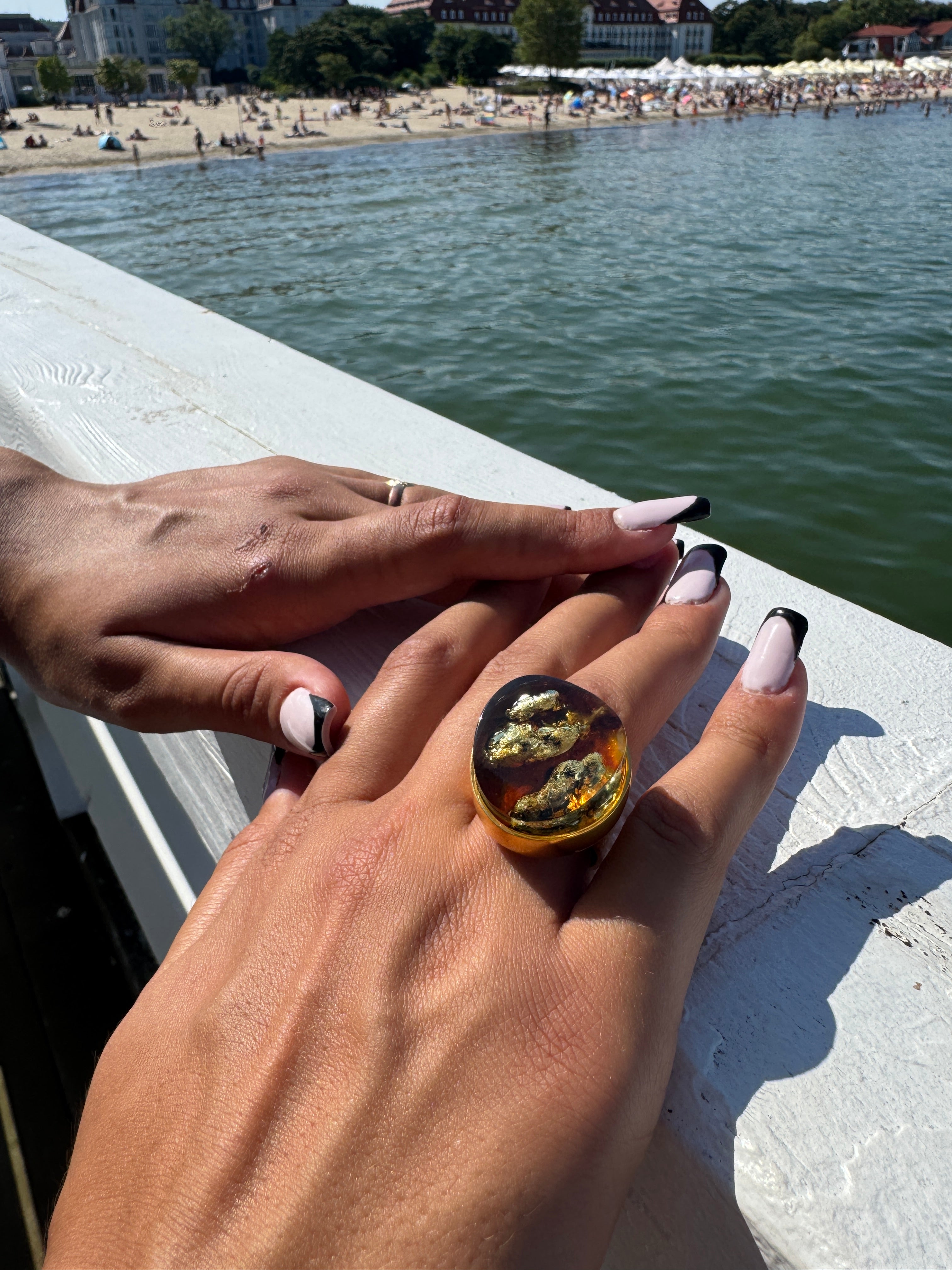 One-of-a-Kind Gold Plated Sterling Silver Baltic Amber Statement Ring | Adjustable Oversized Natural Amber Cocktail Jewelry
