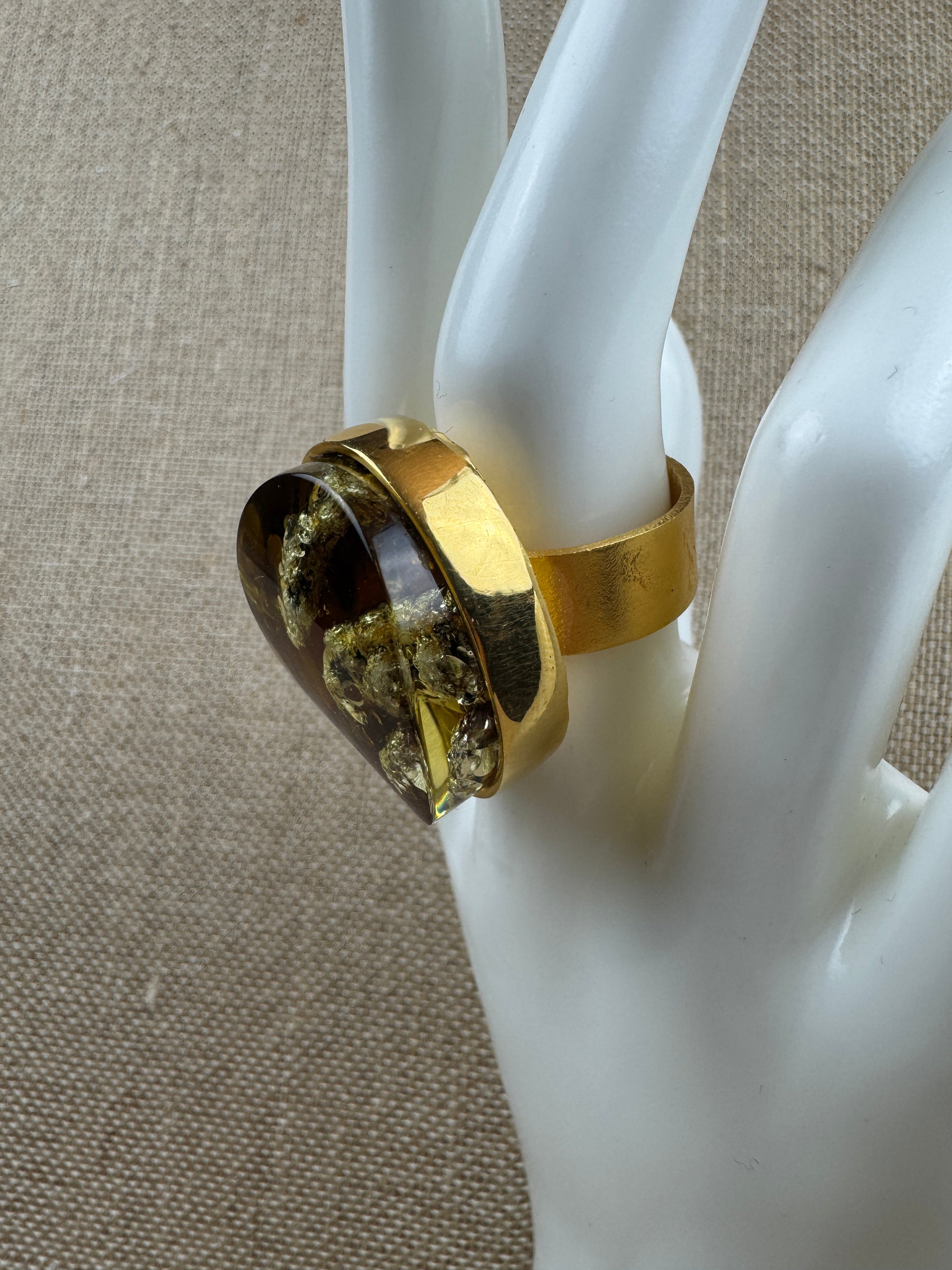 One-of-a-Kind Gold Plated Sterling Silver Baltic Amber Statement Ring | Adjustable Oversized Natural Amber Cocktail Jewelry