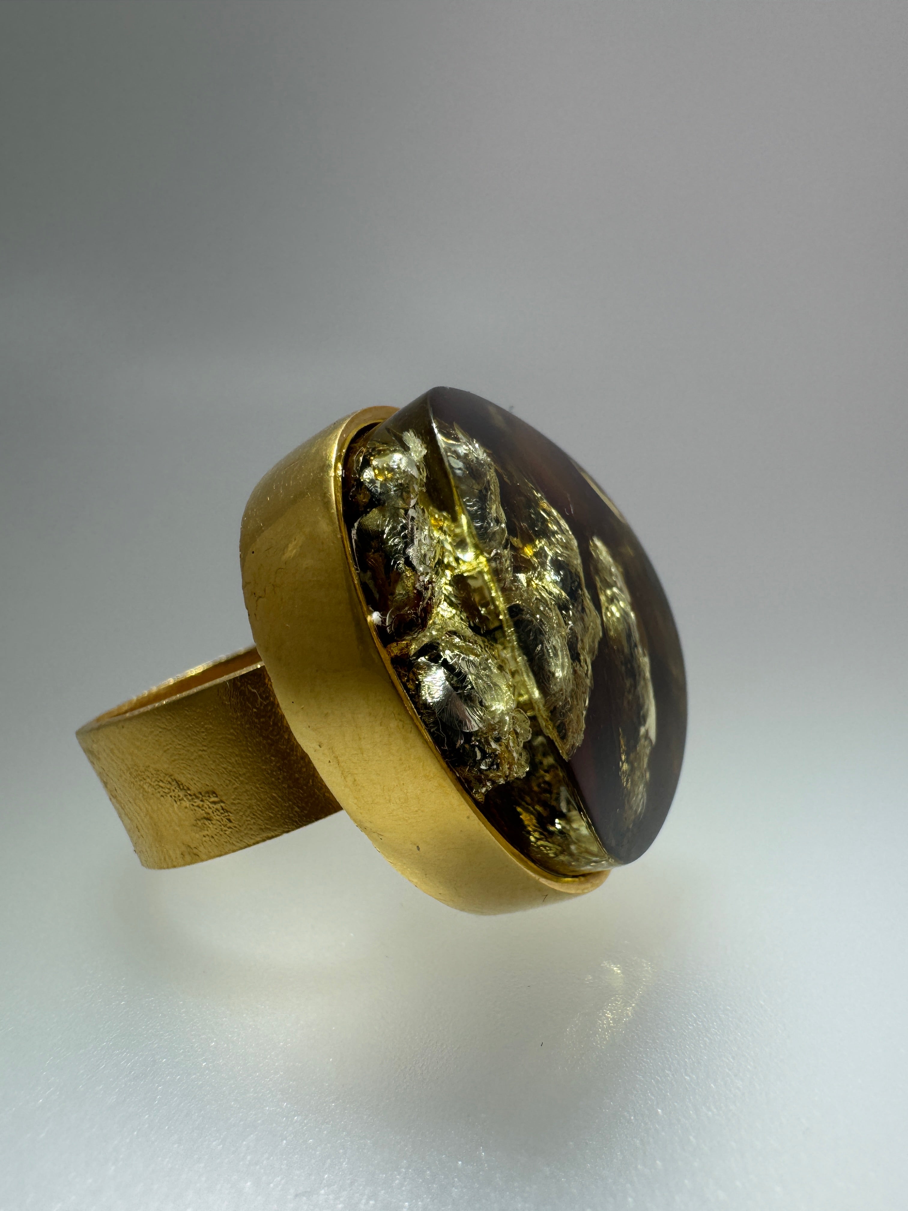 One-of-a-Kind Gold Plated Sterling Silver Baltic Amber Statement Ring | Adjustable Oversized Natural Amber Cocktail Jewelry