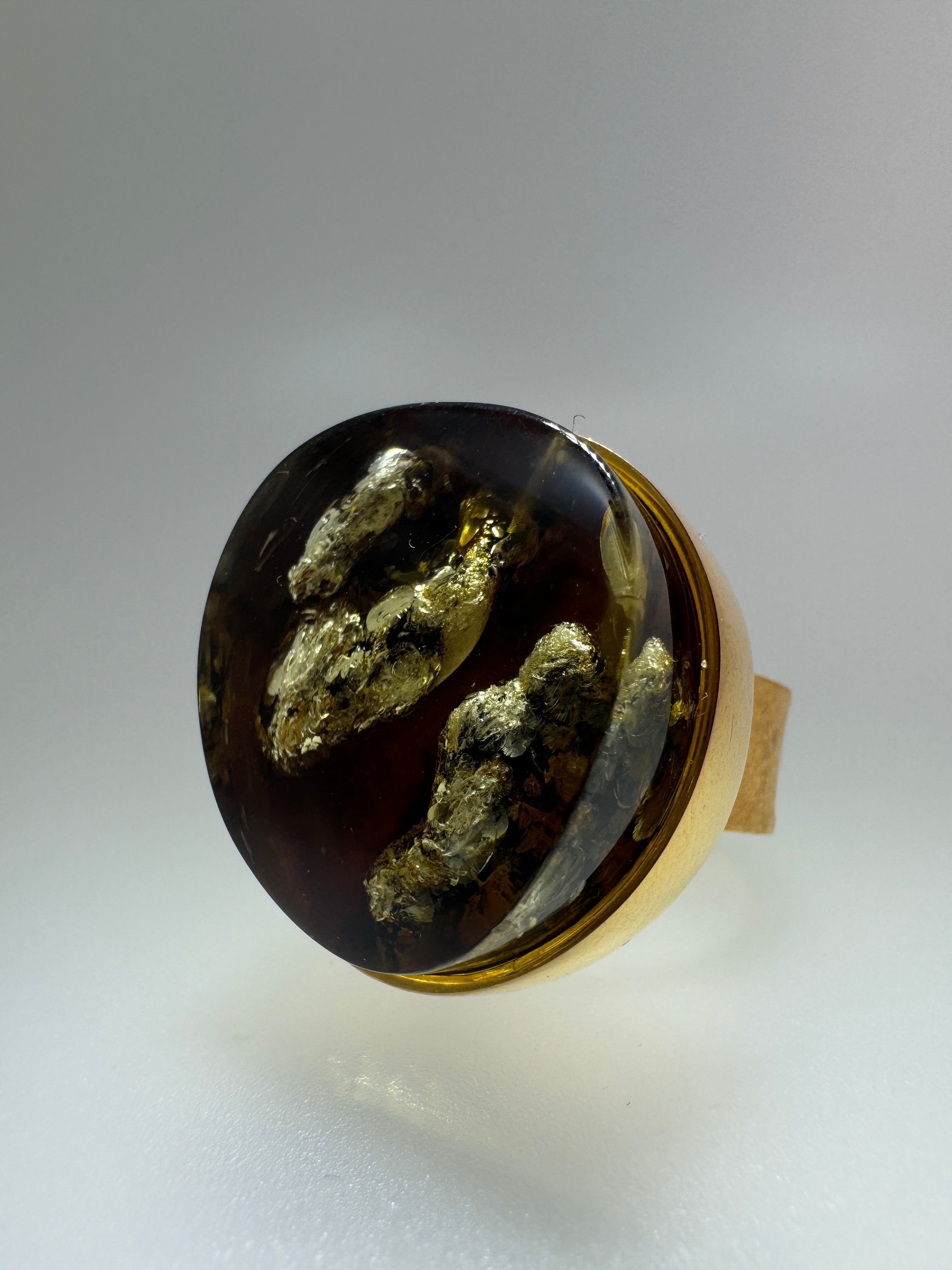 One-of-a-Kind Gold Plated Sterling Silver Baltic Amber Statement Ring | Adjustable Oversized Natural Amber Cocktail Jewelry