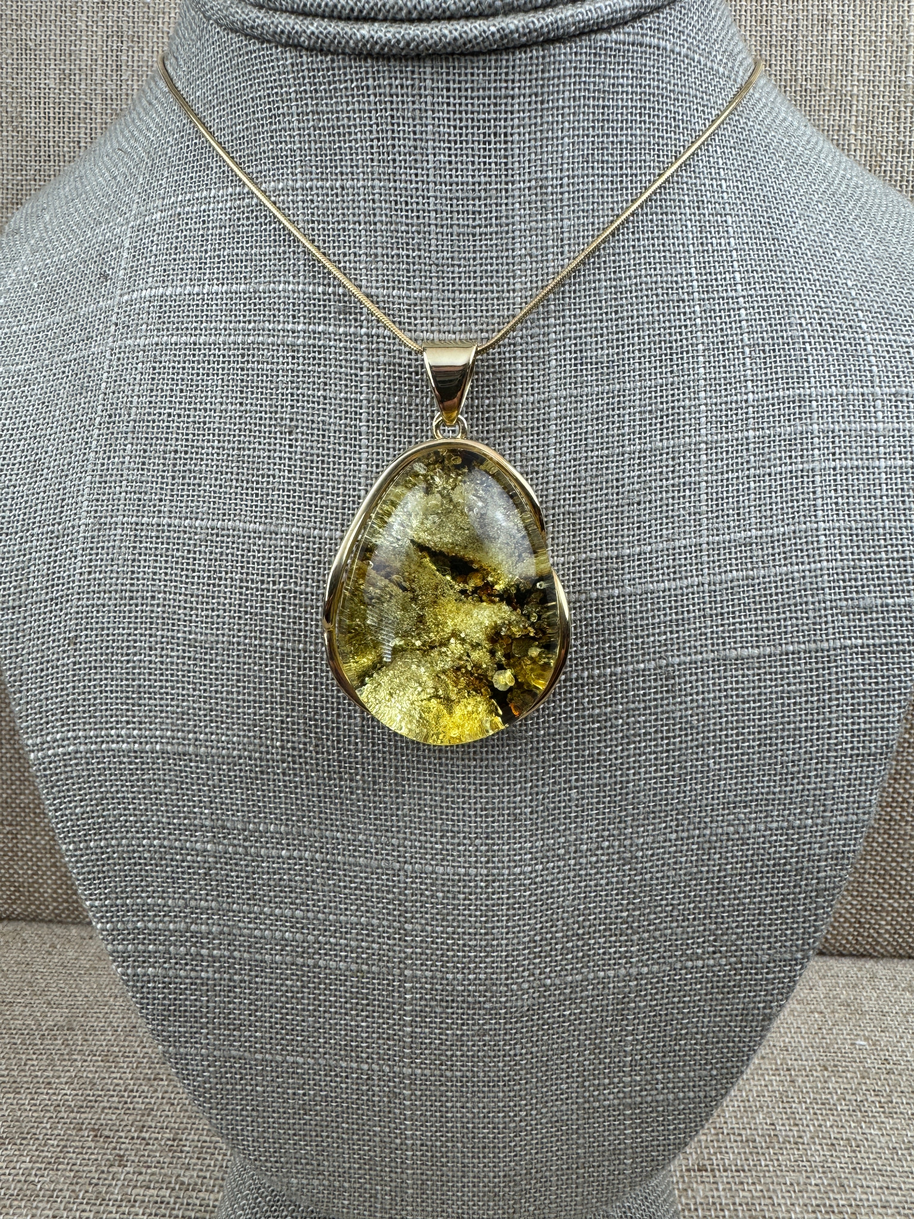 One-of-a-Kind Handmade Green Baltic Amber Pendant – Gold Plated Sterling Silver