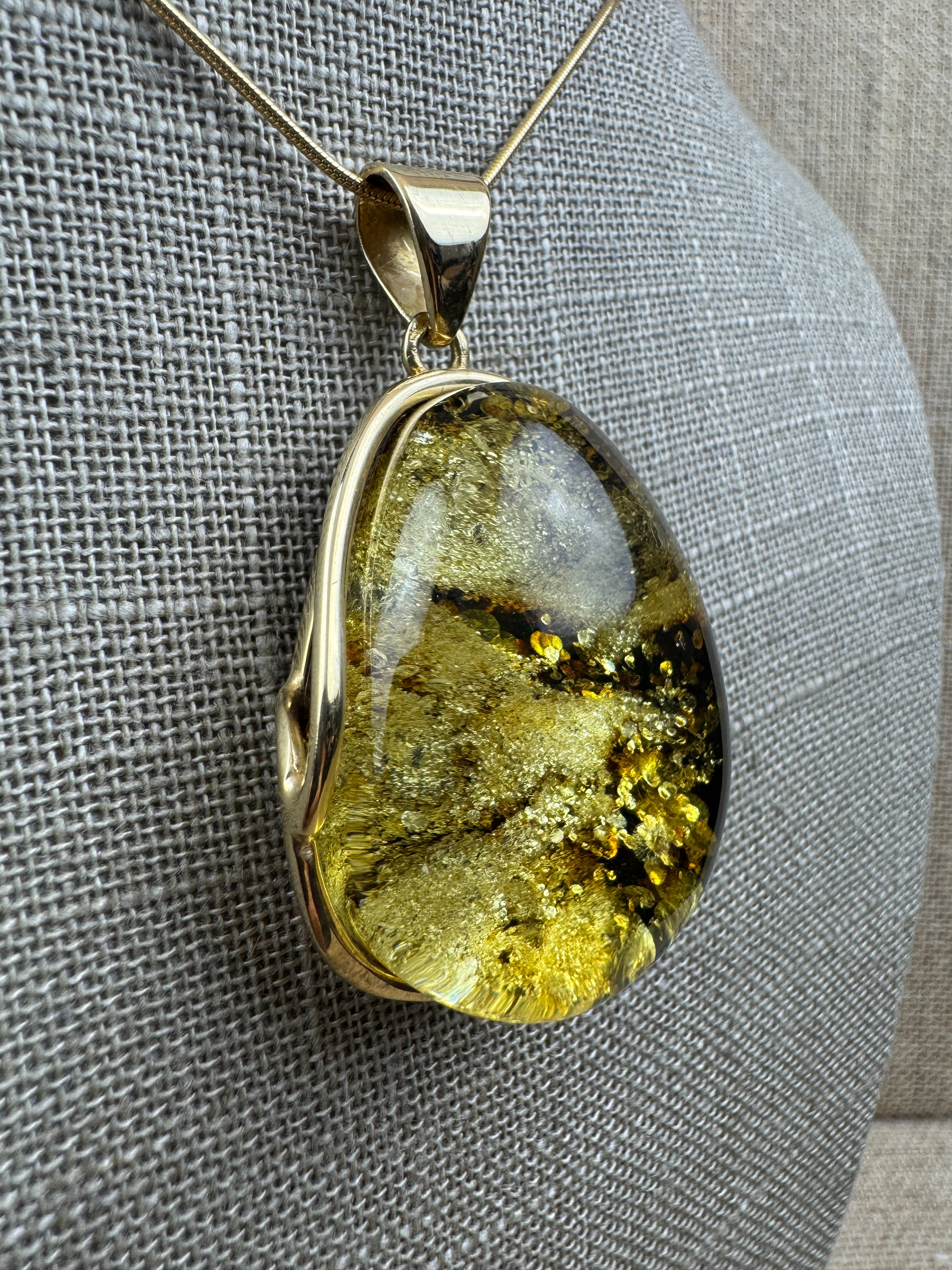 One-of-a-Kind Handmade Green Baltic Amber Pendant – Gold Plated Sterling Silver