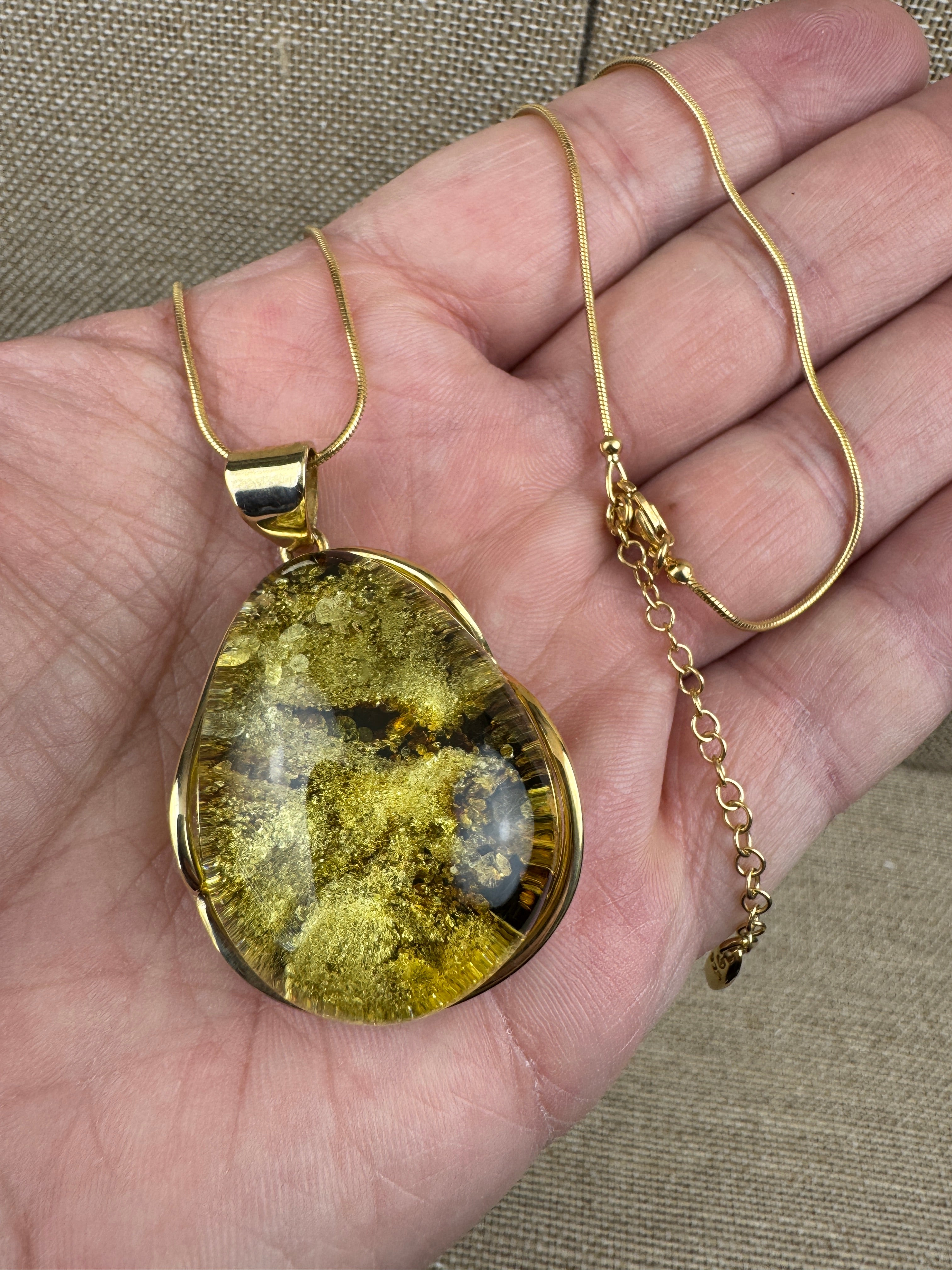 One-of-a-Kind Handmade Green Baltic Amber Pendant – Gold Plated Sterling Silver