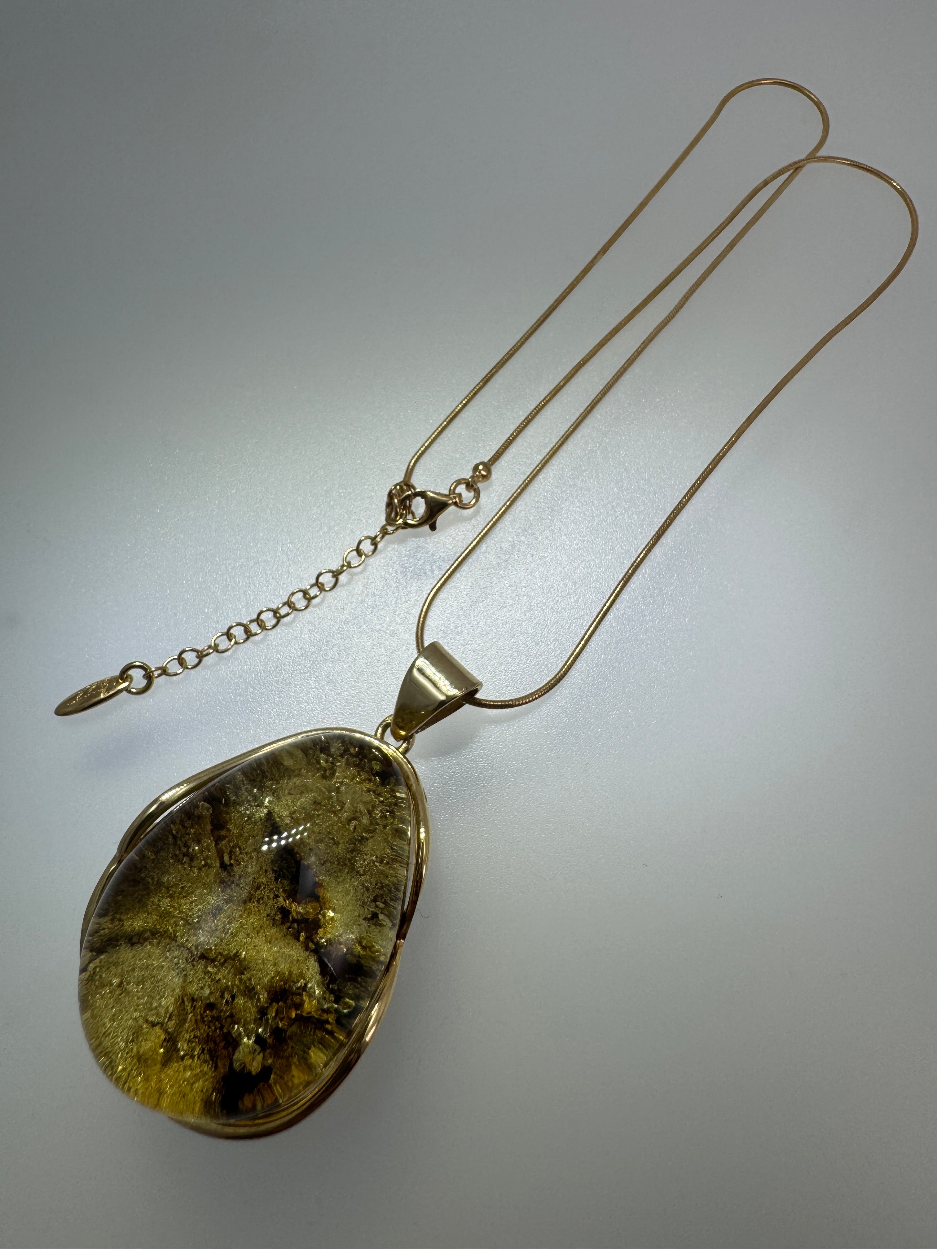 One-of-a-Kind Handmade Green Baltic Amber Pendant – Gold Plated Sterling Silver